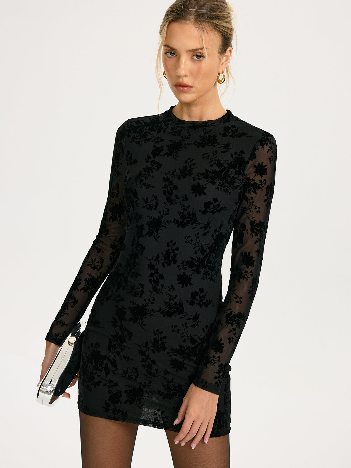 Flocked Floral Mesh Backless Mini Dress-Chicvia