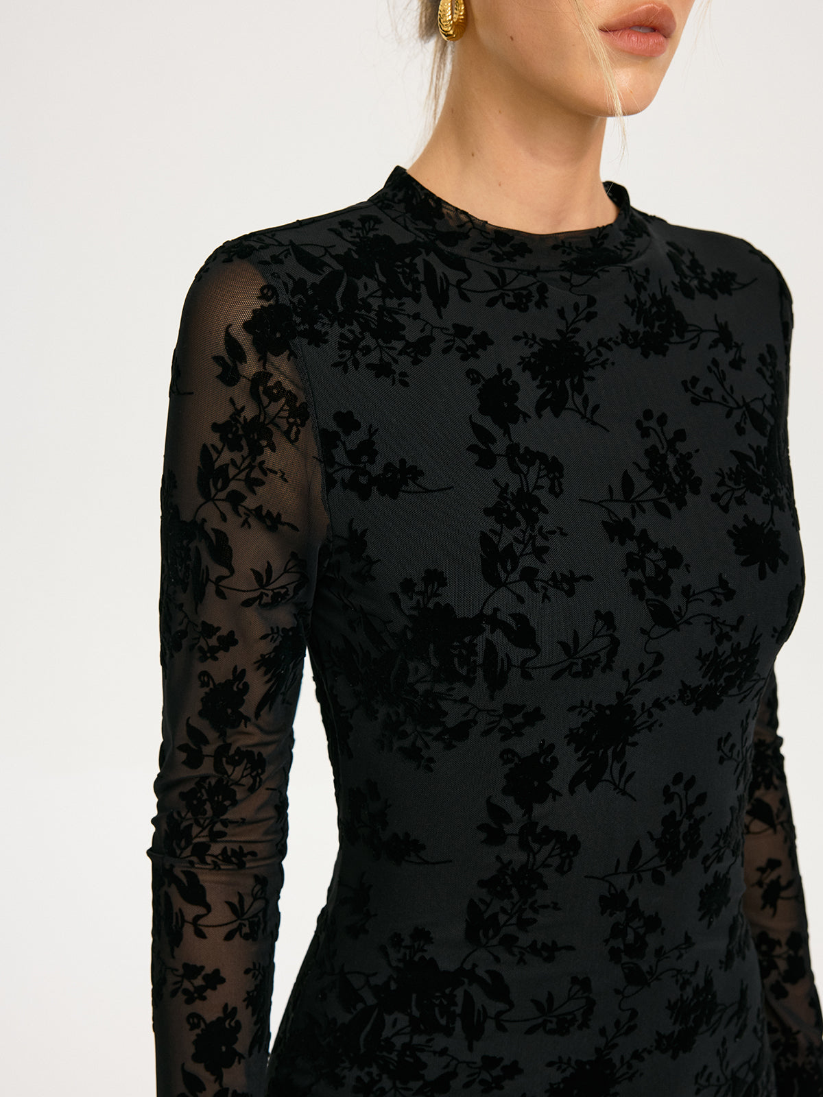 Flocked Floral Mesh Backless Mini Dress-Chicvia