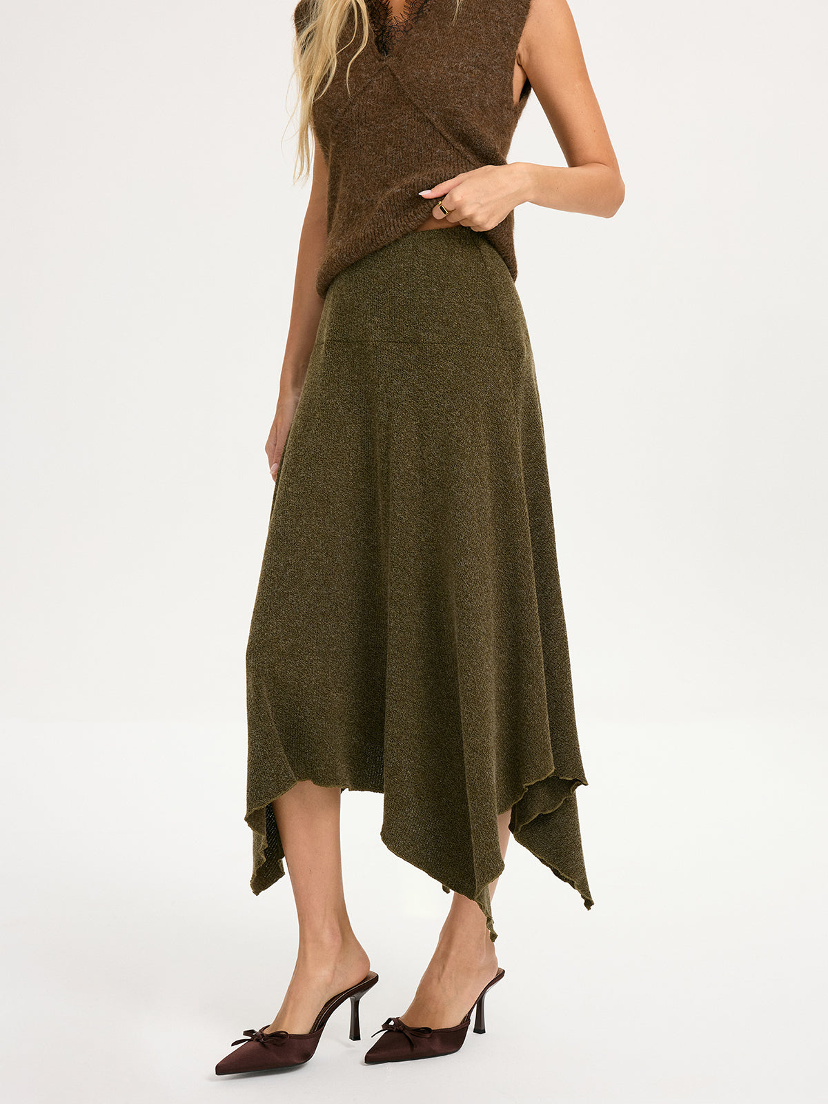 Knit Asymmetric Hem Midi Skirt-Chicvia