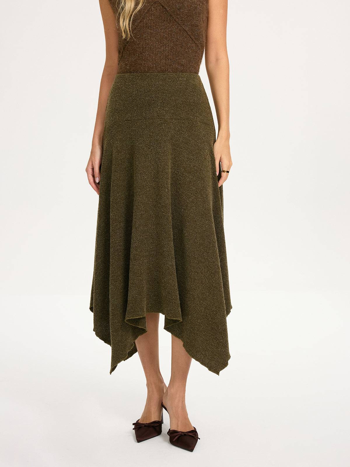 Knit Asymmetric Hem Midi Skirt-Chicvia