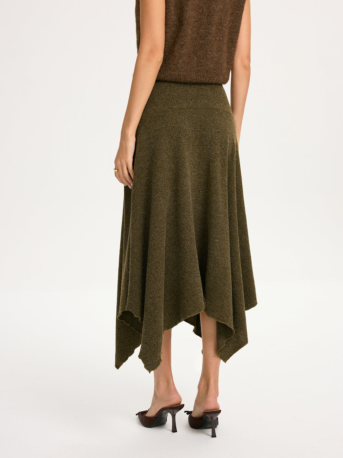 Knit Asymmetric Hem Midi Skirt-Chicvia