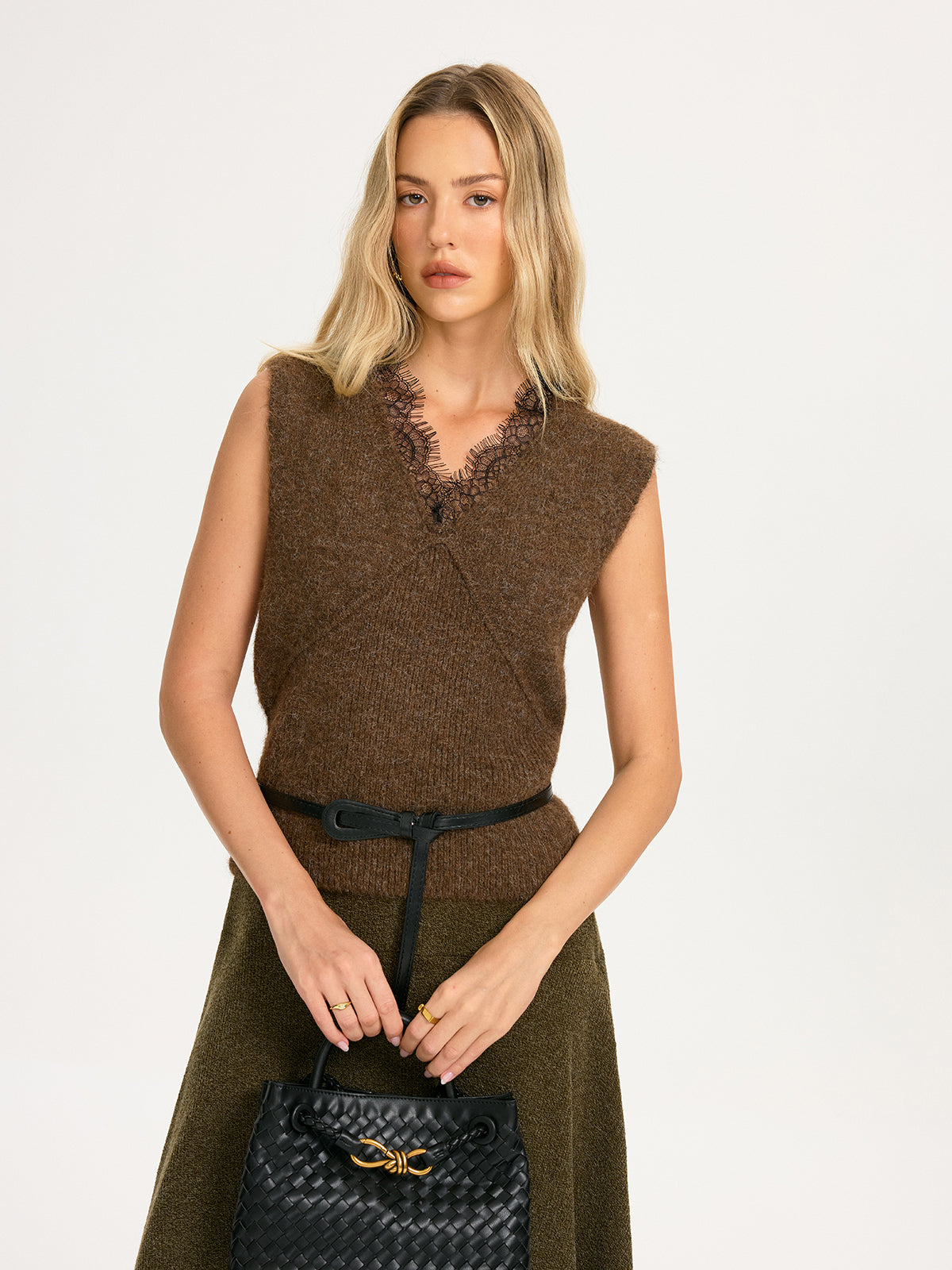 Lace Trim Knit Sleeveless Vest without Belt-Chicvia