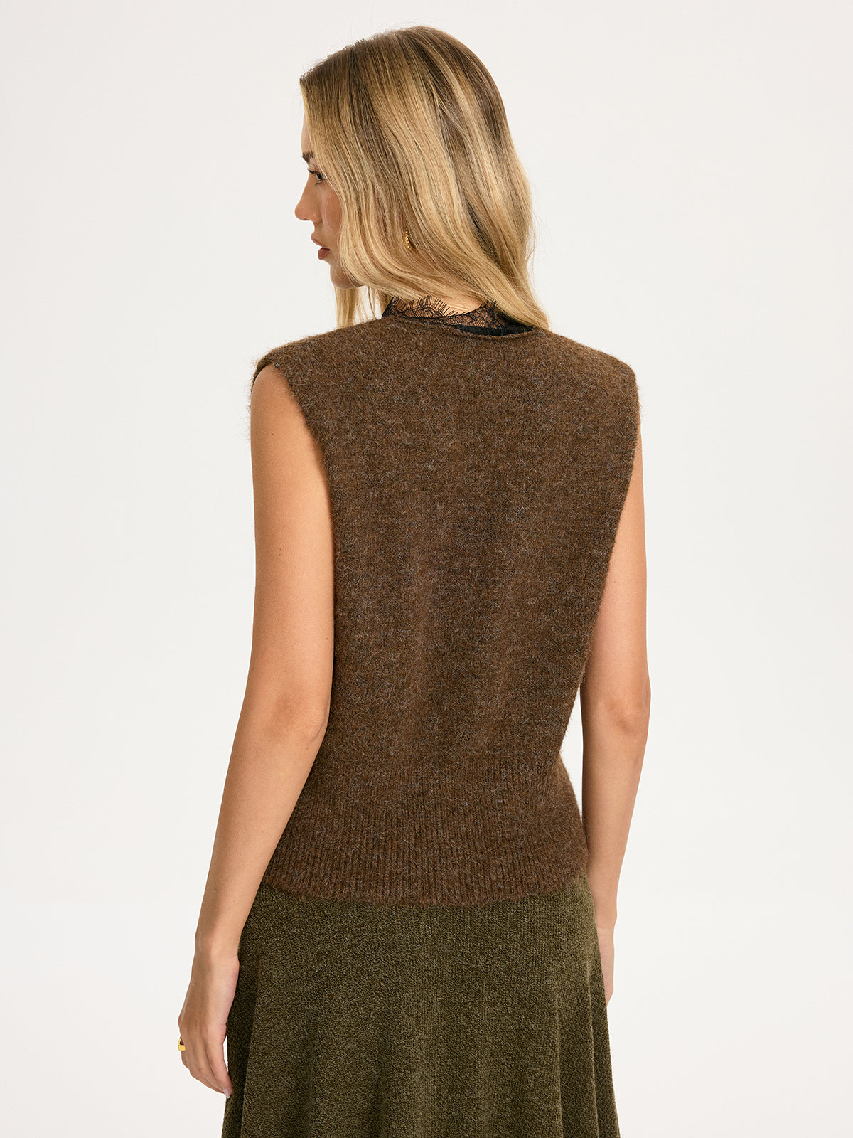 Lace Trim Knit Sleeveless Vest without Belt-Chicvia