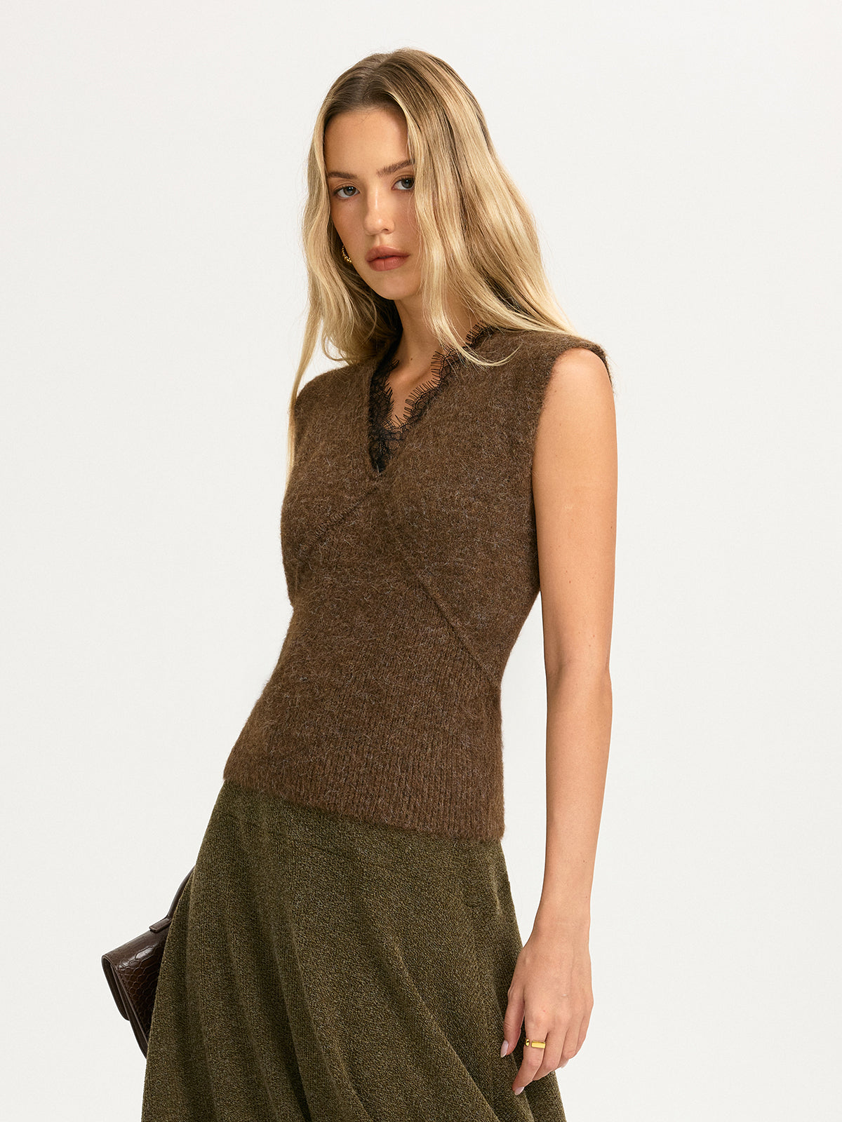 Lace Trim Knit Sleeveless Vest without Belt-Chicvia