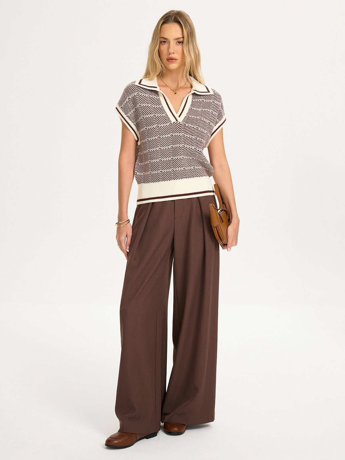 Houndstooth Knit Short-Sleeve Polo Top-Chicvia