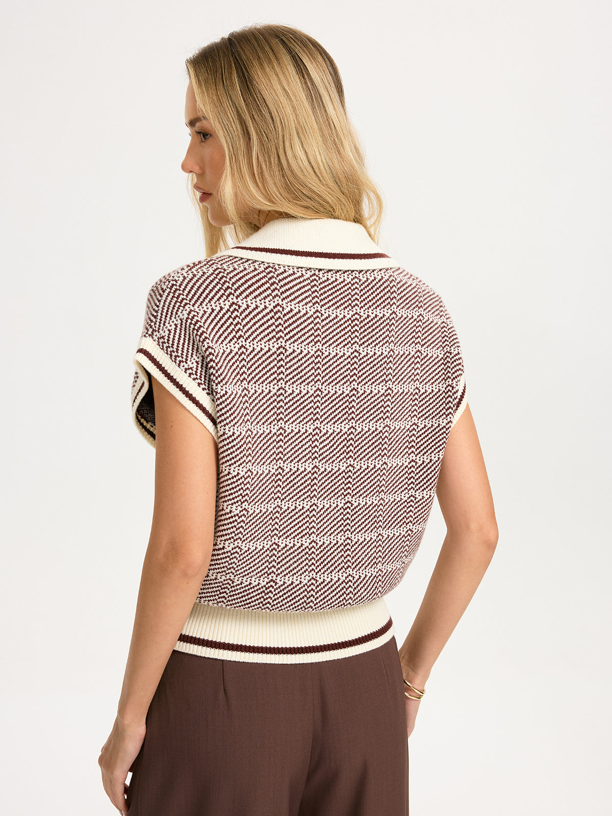 Houndstooth Knit Short-Sleeve Polo Top-Chicvia