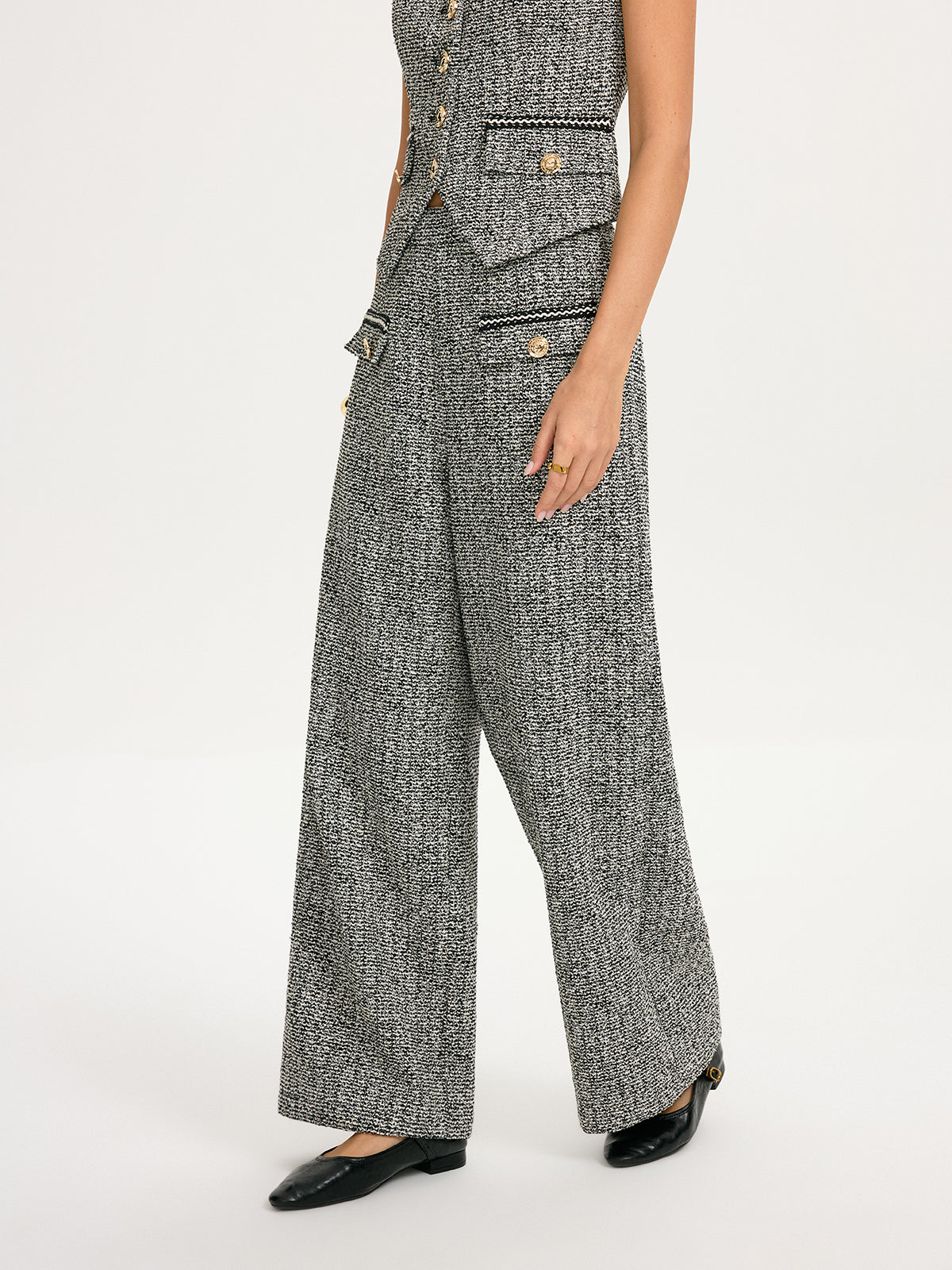 Metal Detail Tweed Wide-Leg Pants-Chicvia