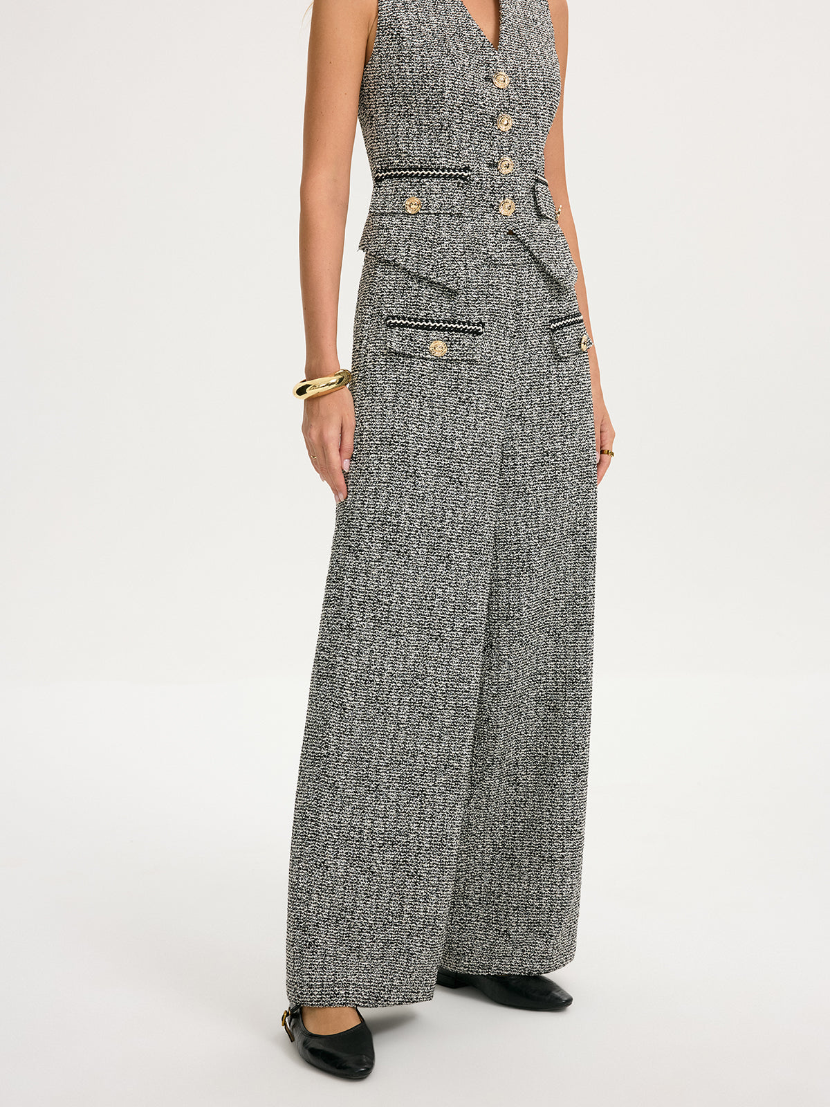 Metal Detail Tweed Wide-Leg Pants-Chicvia