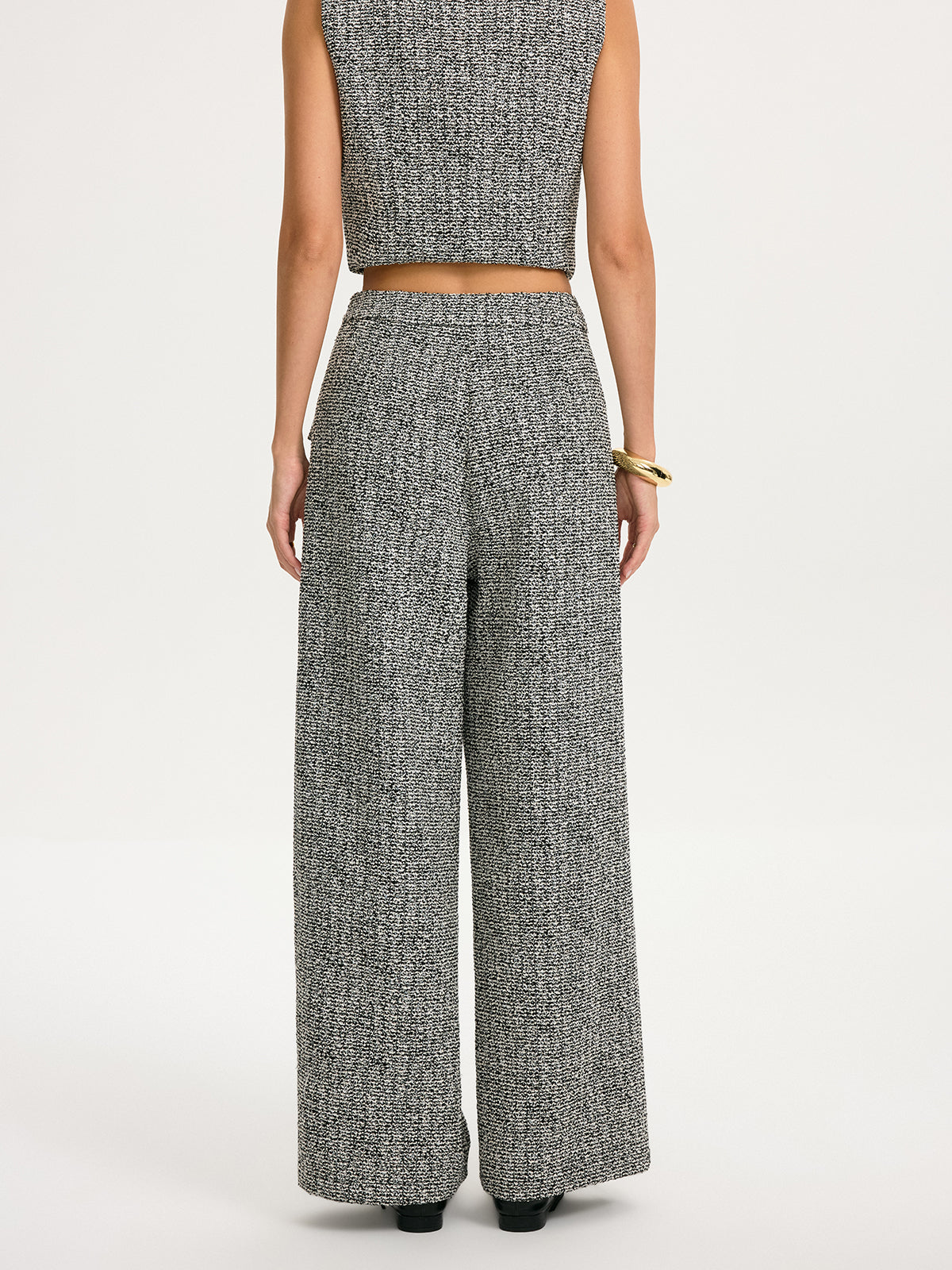 Metal Detail Tweed Wide-Leg Pants-Chicvia