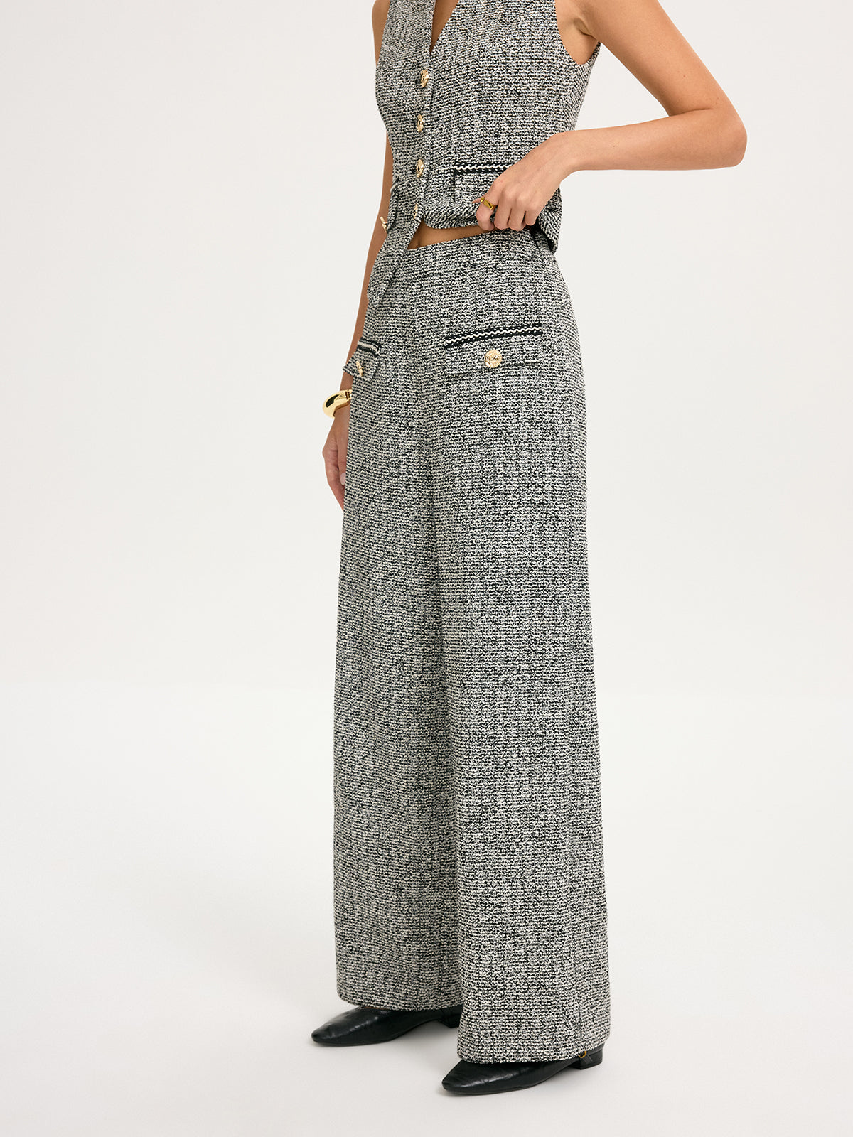 Metal Detail Tweed Wide-Leg Pants-Chicvia