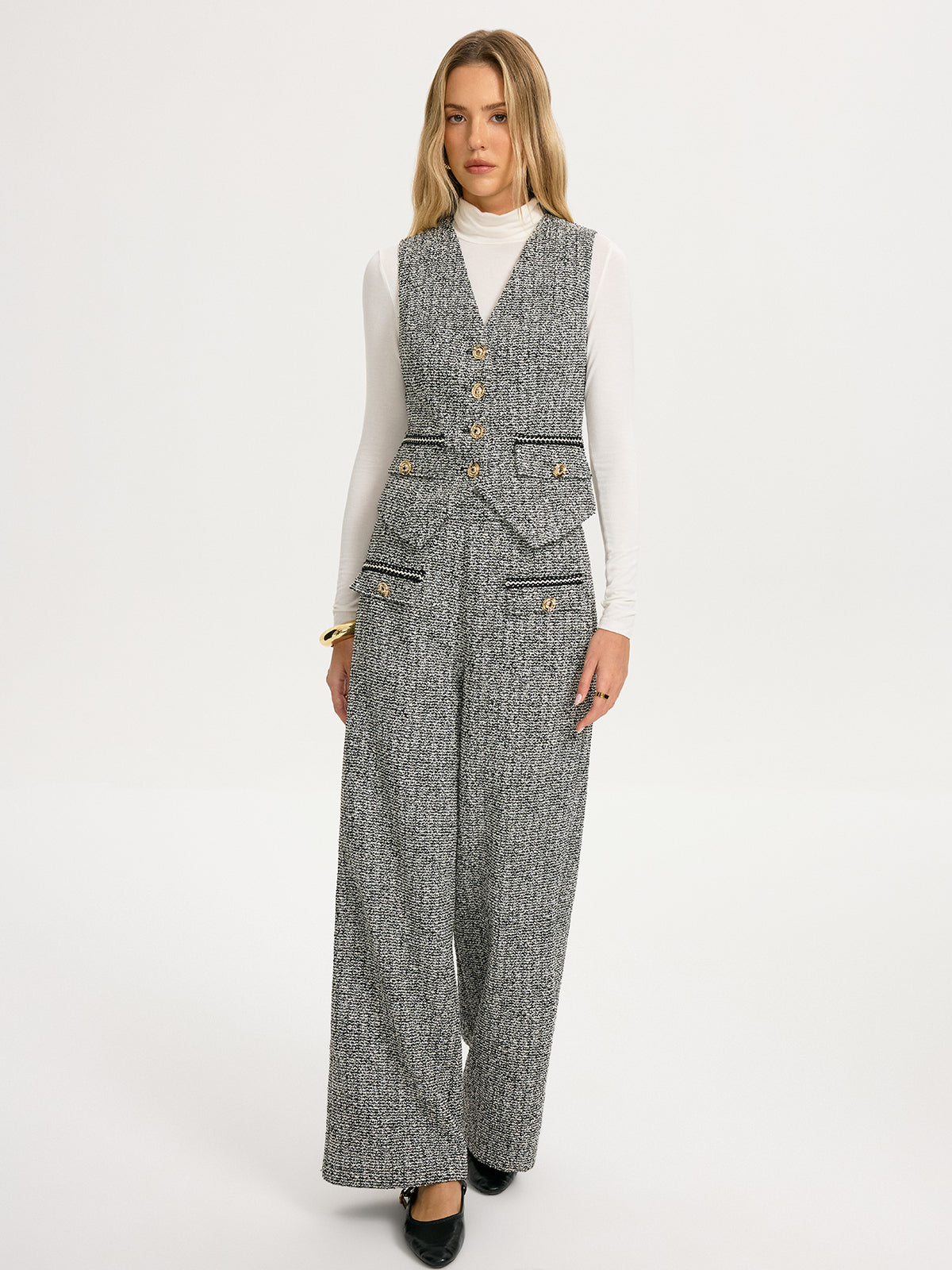 Metal Button Tweed Vest-Chicvia