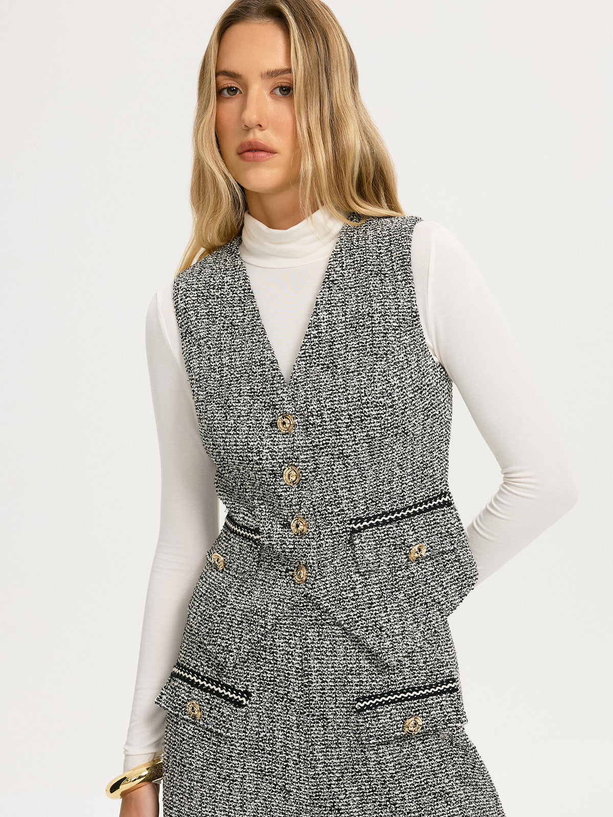 Metal Button Tweed Vest-Chicvia