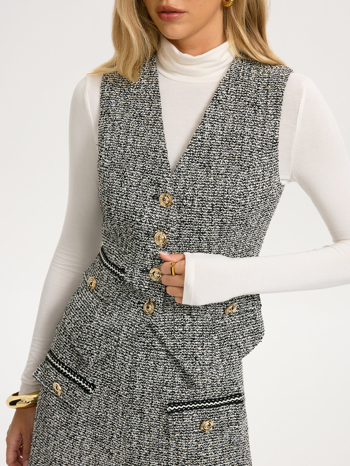 Metal Button Tweed Vest-Chicvia