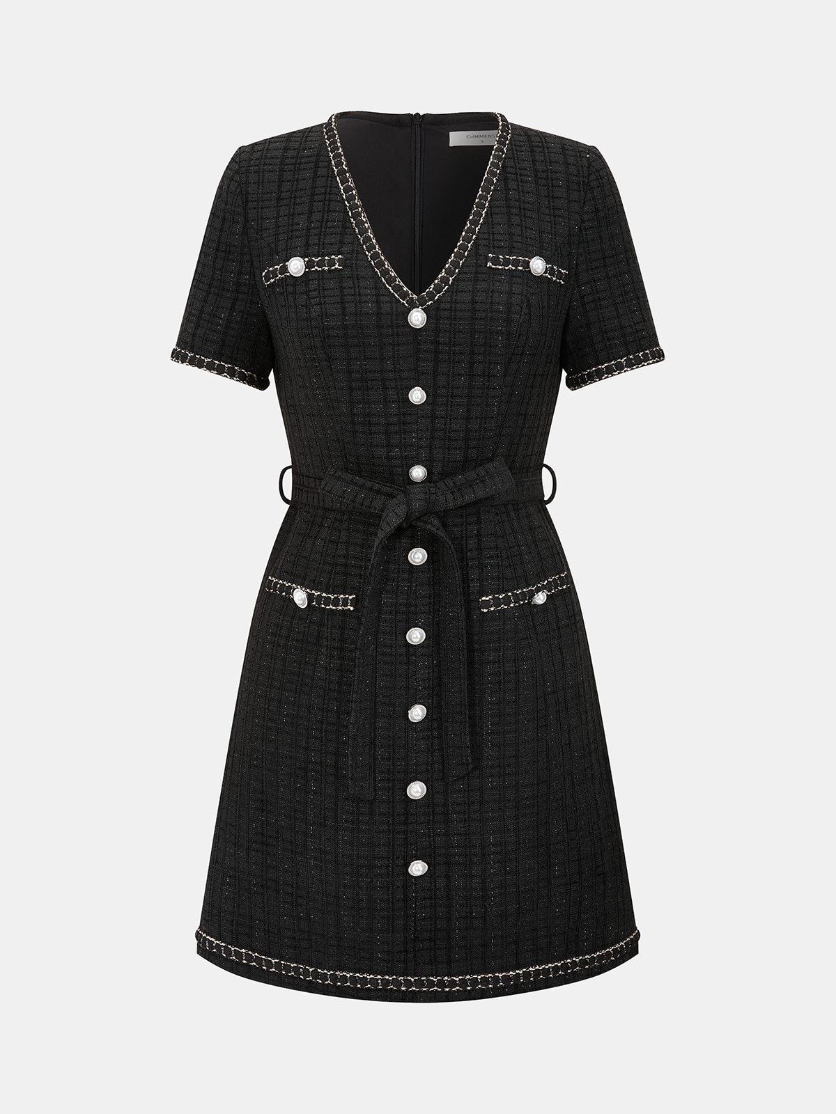 Contrast Trim Pearl Button Tweed Mini Dress-Chicvia