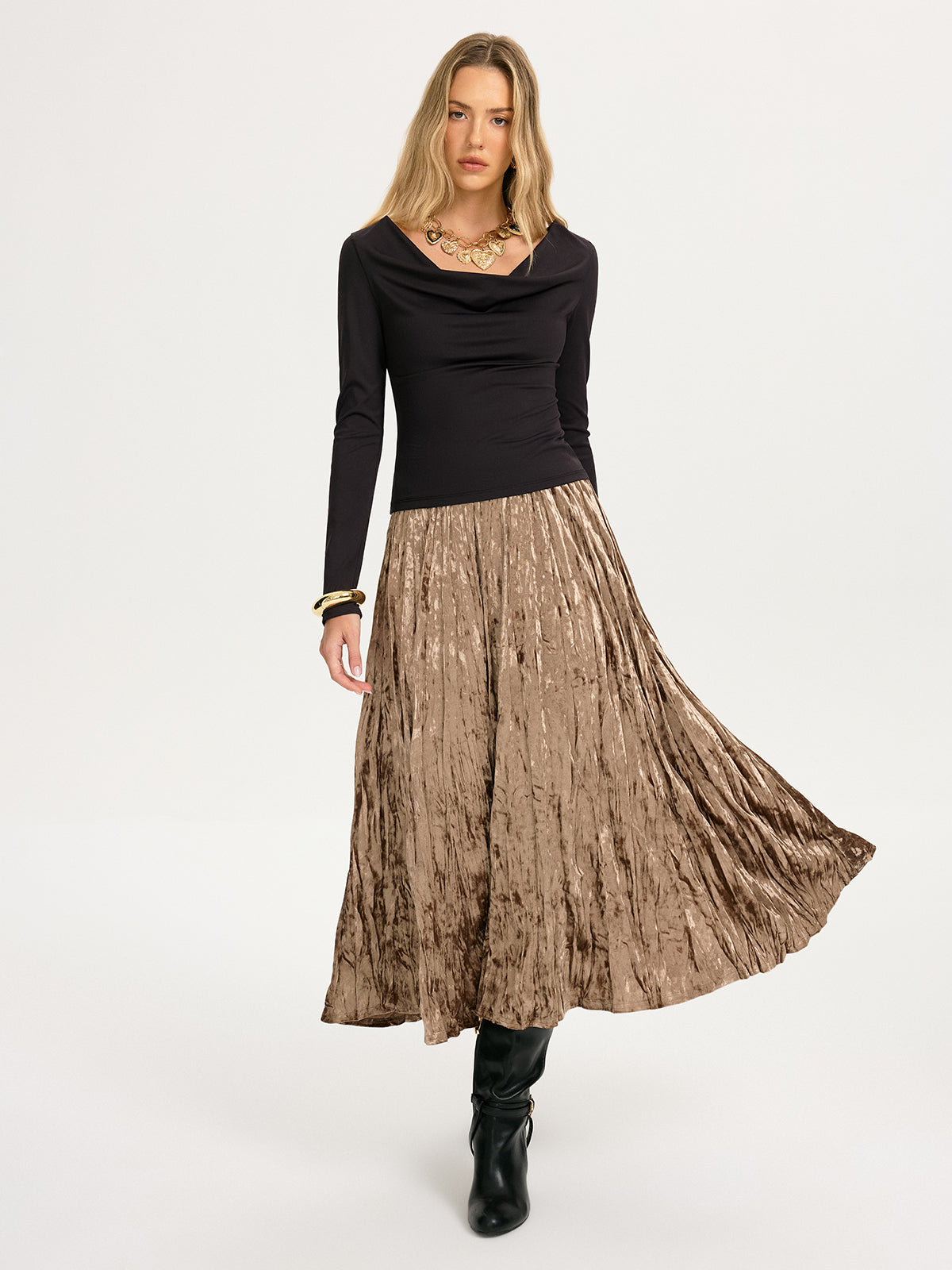 Crushed Velvet Elastic-Waist Maxi Skirt-Chicvia