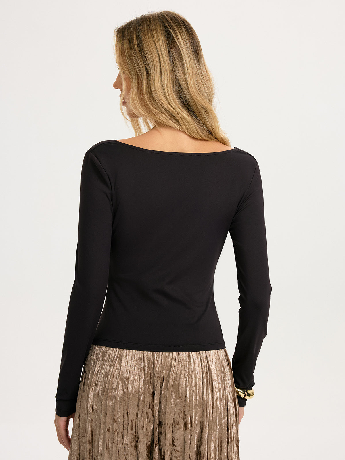 Long-Sleeve Cowl-Neck Fitted Top-Chicvia