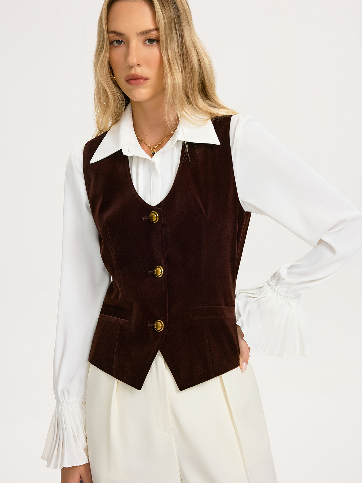 Metal Button Velvet Sleeveless Vest-Chicvia