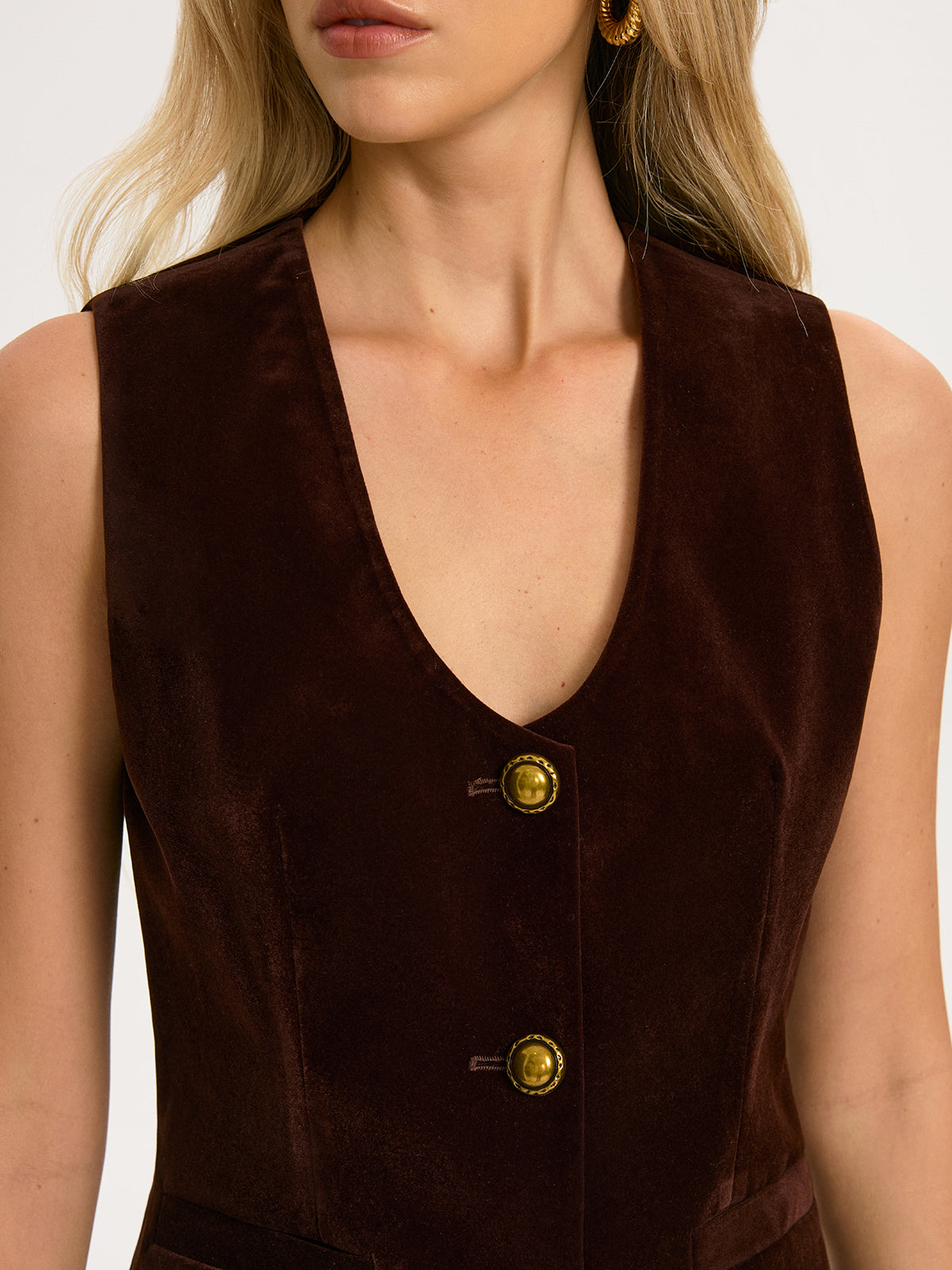 Metal Button Velvet Sleeveless Vest-Chicvia
