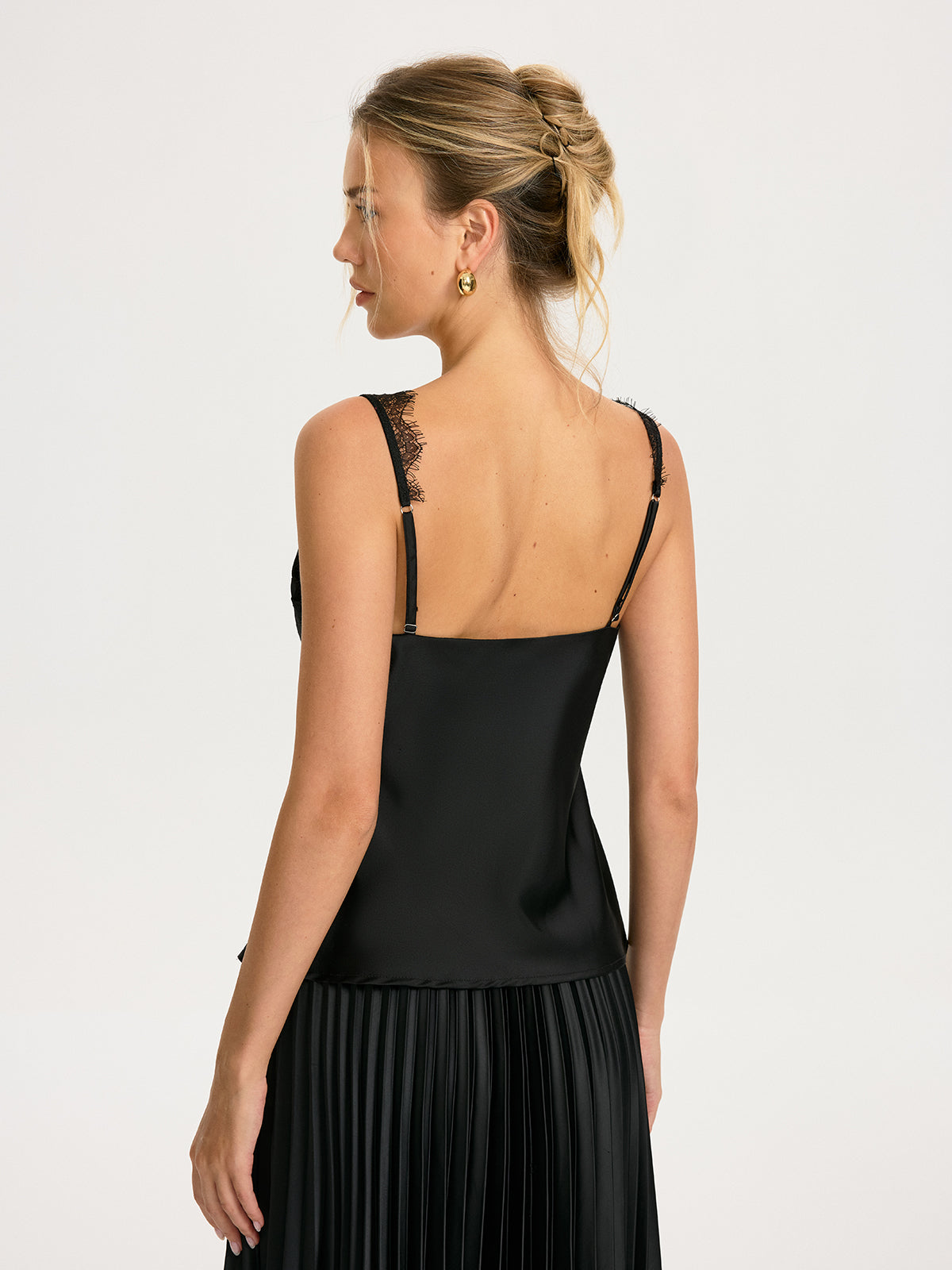 Lace Trim Satin Cami Top-Chicvia