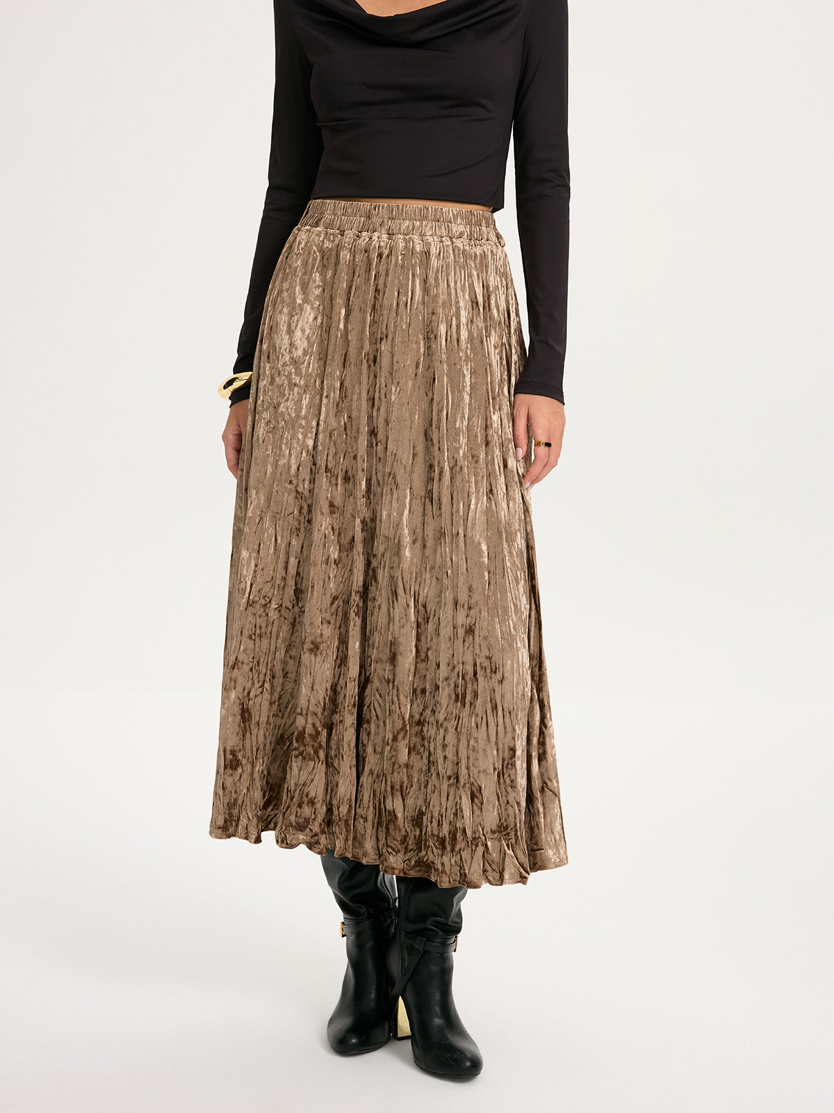 Crushed Velvet Elastic-Waist Maxi Skirt-Chicvia
