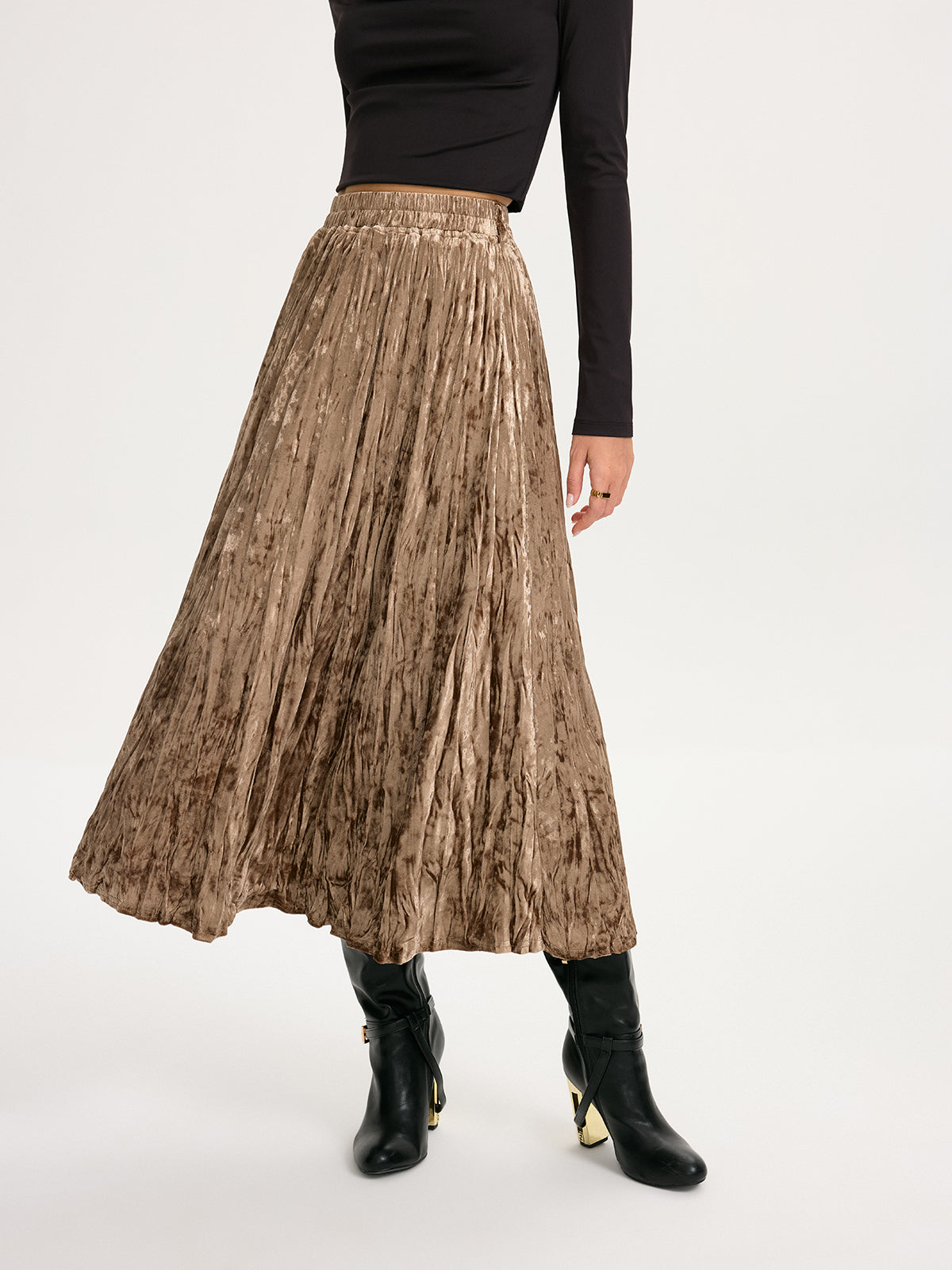 Crushed Velvet Elastic-Waist Maxi Skirt-Chicvia