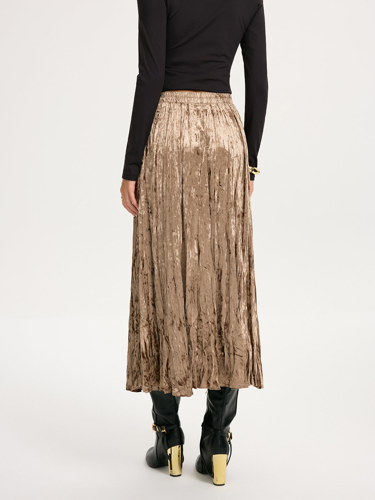 Crushed Velvet Elastic-Waist Maxi Skirt-Chicvia