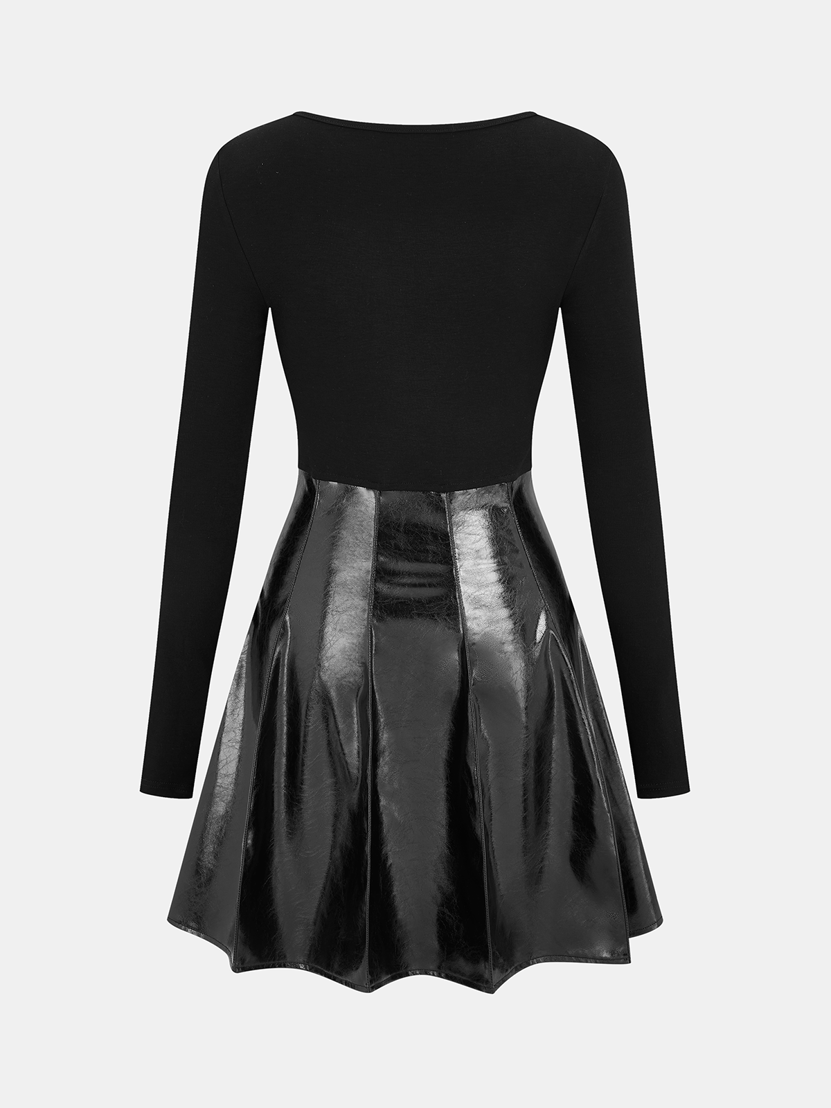 Pleated Faux Leather Panel Long-Sleeve Dress-Chicvia
