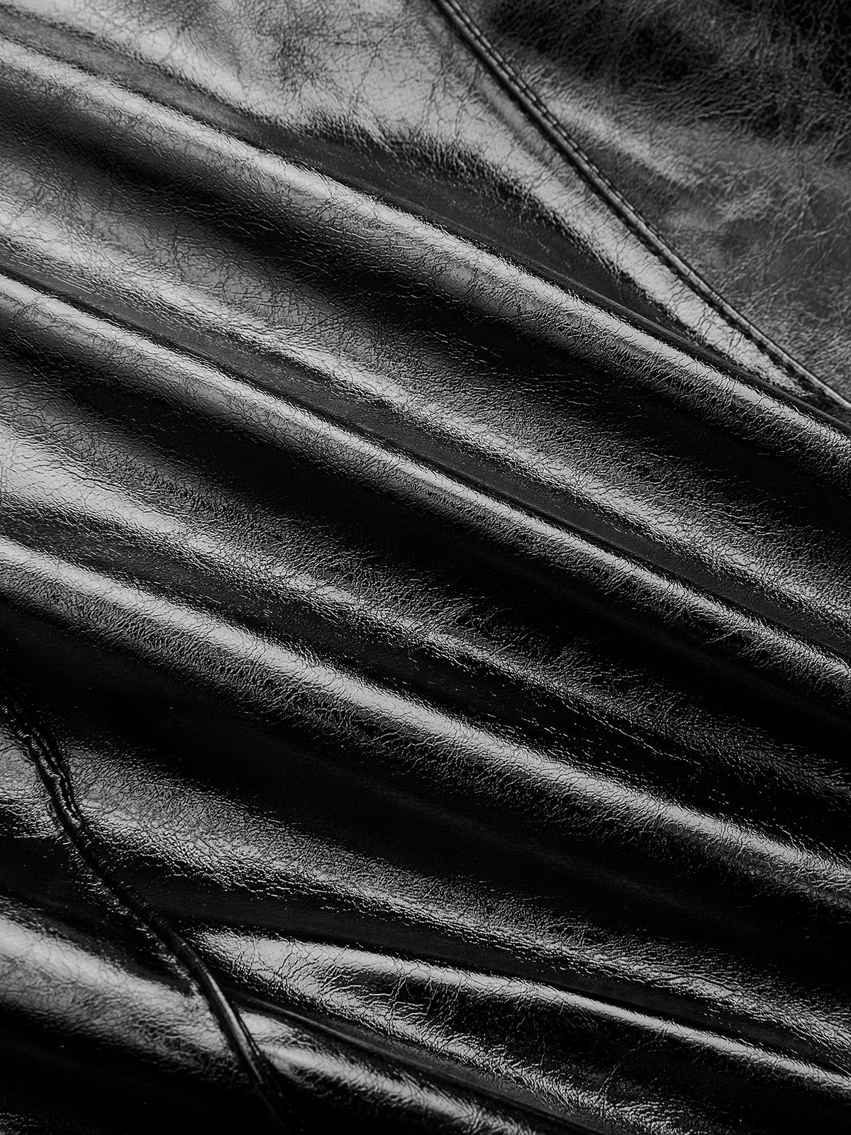 Pleated Faux Leather Panel Long-Sleeve Dress-Chicvia