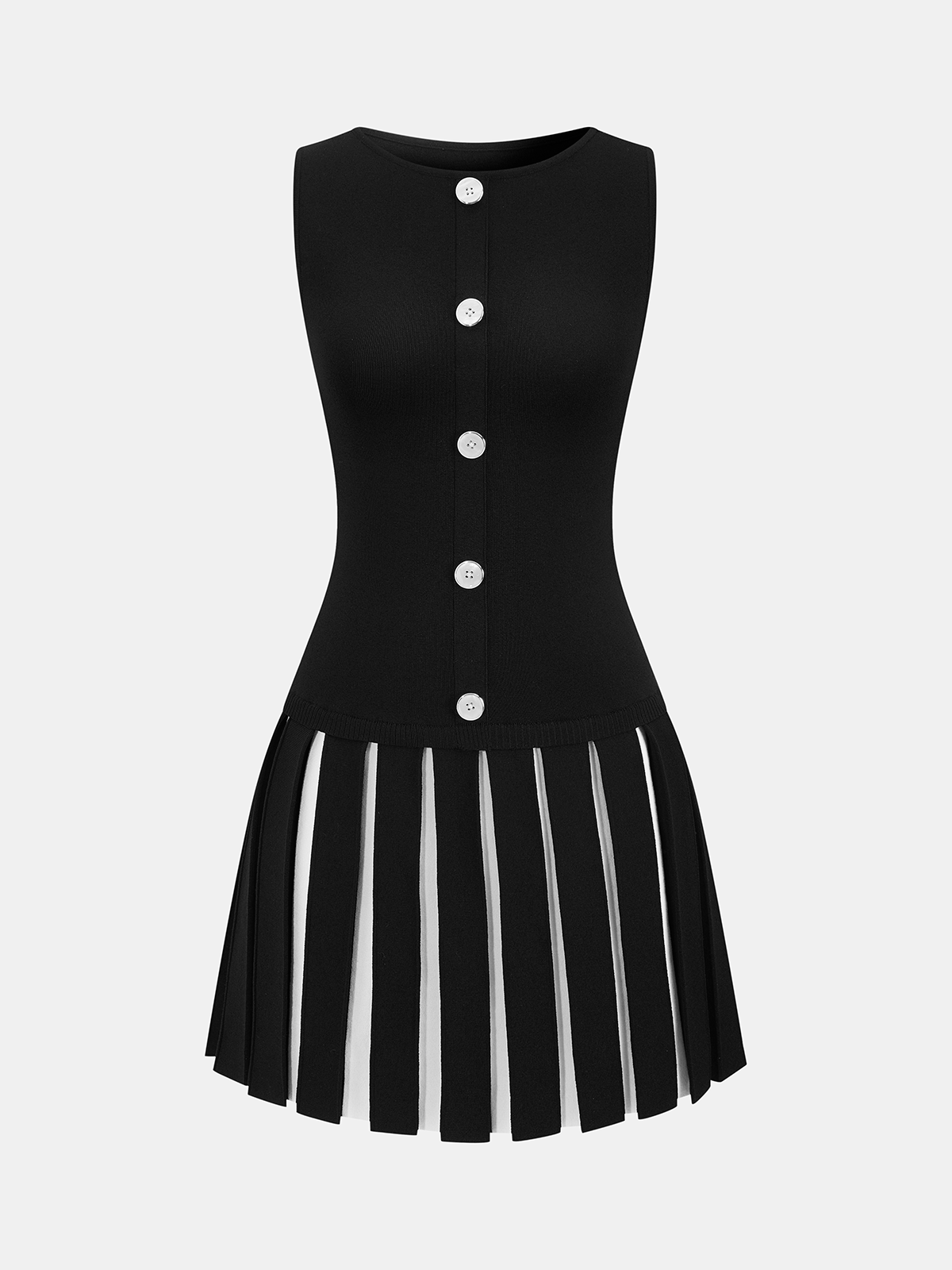 Contrast Pleated Knit Sleeveless Dress-Chicvia