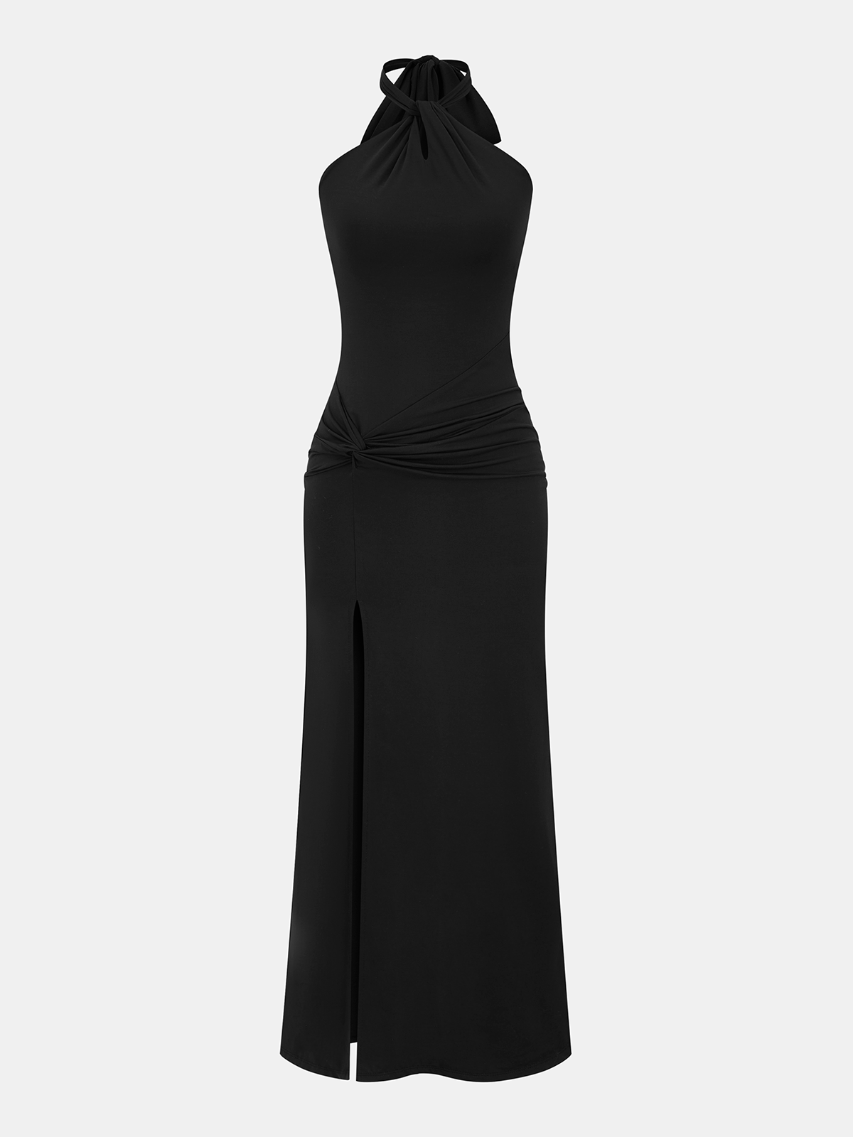 Halter Neck Twisted Ruched Slit Maxi Dress-Chicvia