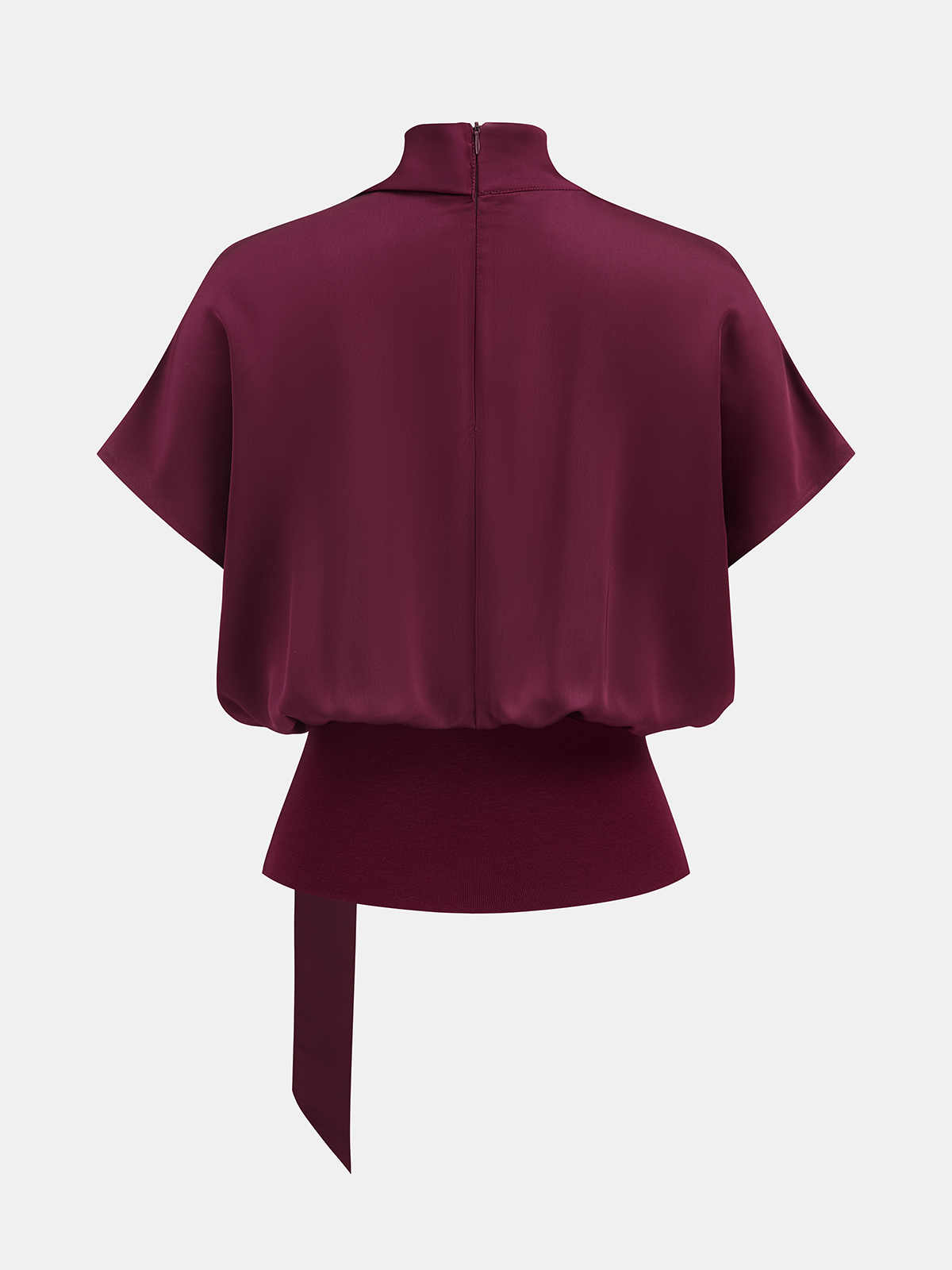 Draped Satin Mock Neck Blouse with Tie-Chicvia