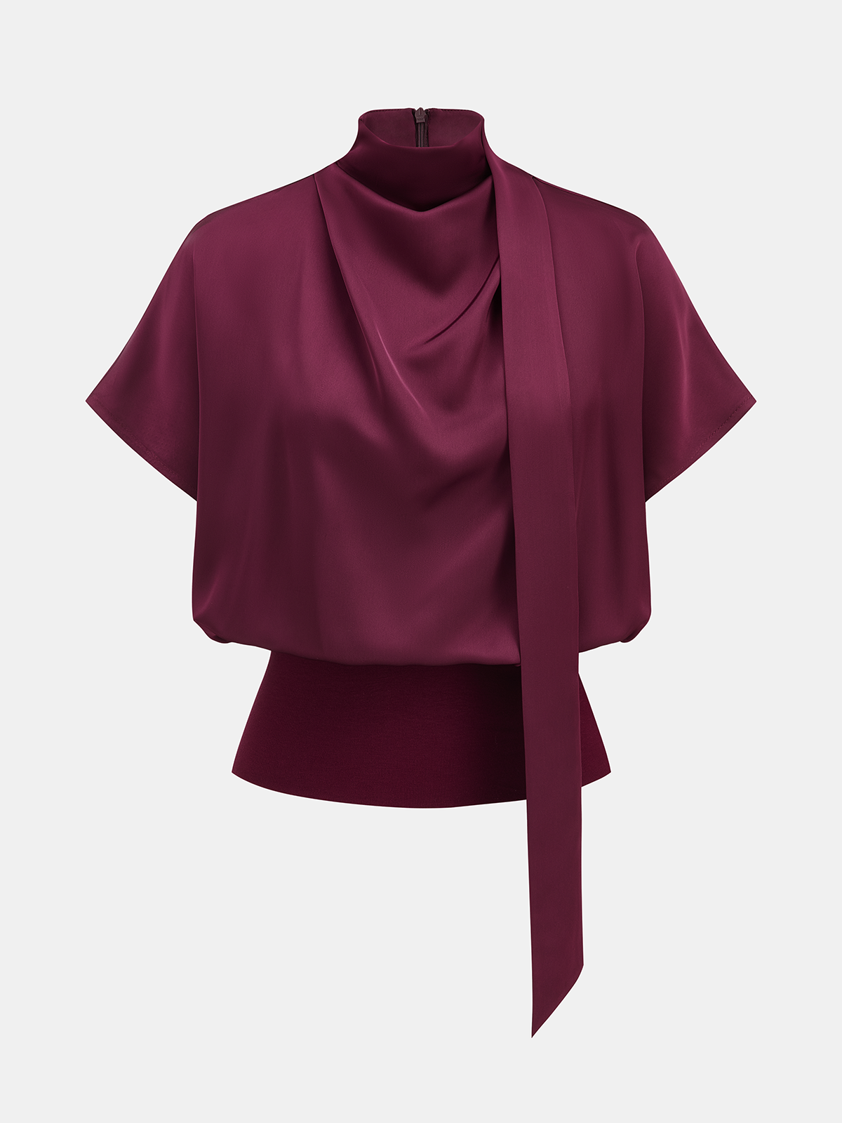 Draped Satin Mock Neck Blouse with Tie-Chicvia