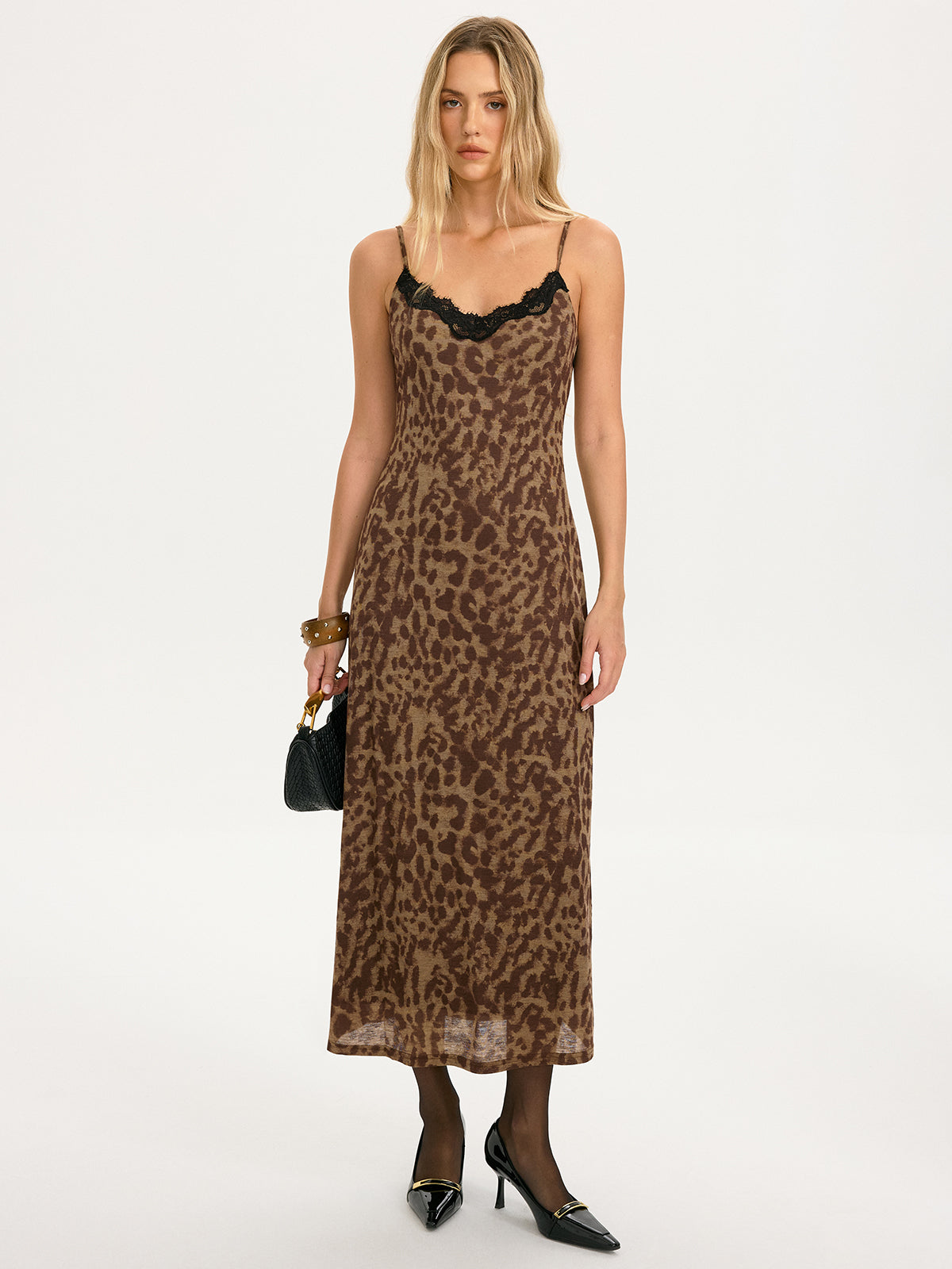 Lace Trim Leopard-Print Cami Maxi Dress-Chicvia