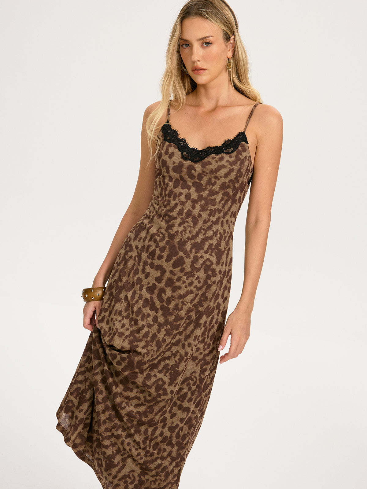 Lace Trim Leopard-Print Cami Maxi Dress-Chicvia