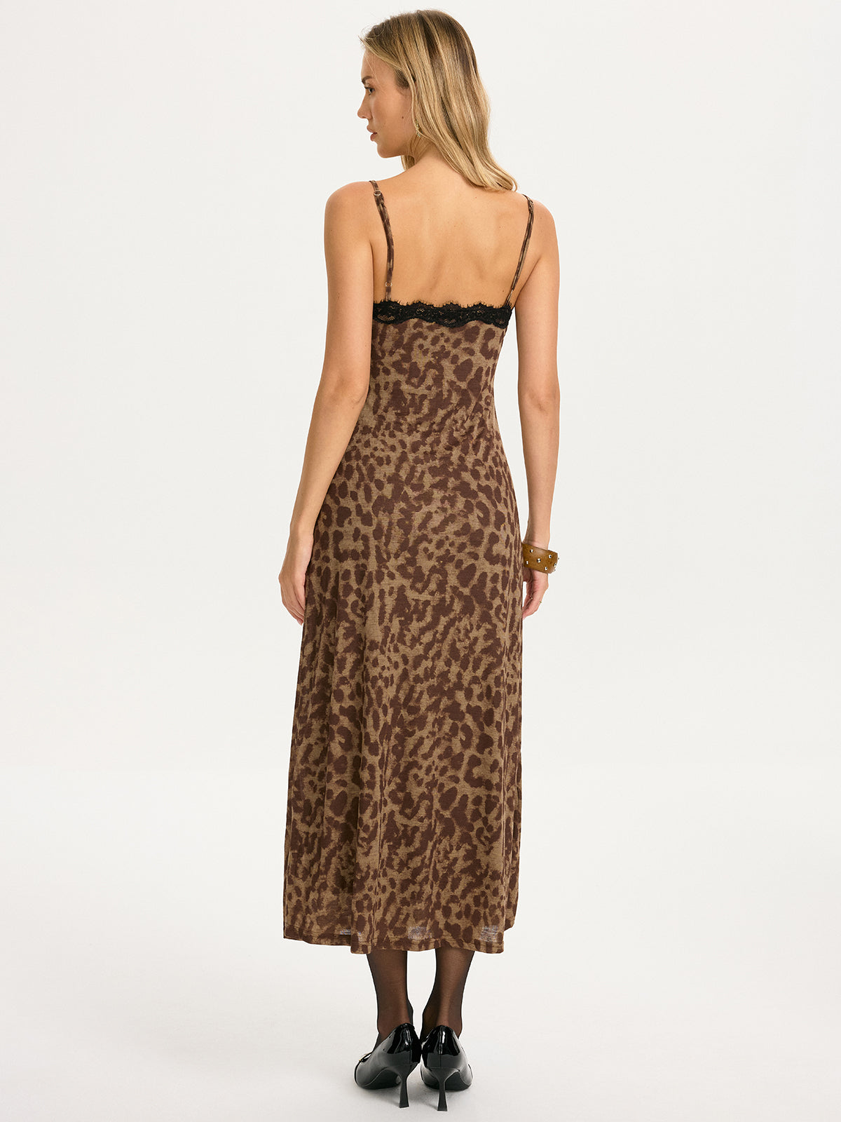 Lace Trim Leopard-Print Cami Maxi Dress-Chicvia