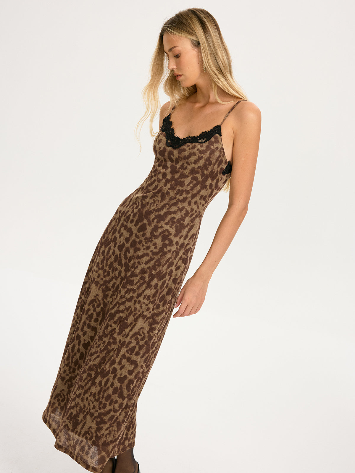 Lace Trim Leopard-Print Cami Maxi Dress-Chicvia