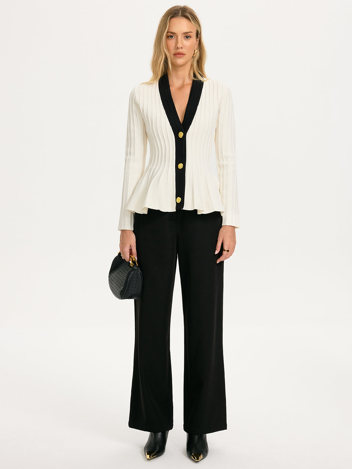 Contrast-Trim Deep V-Neck Peplum Cardigan-Chicvia