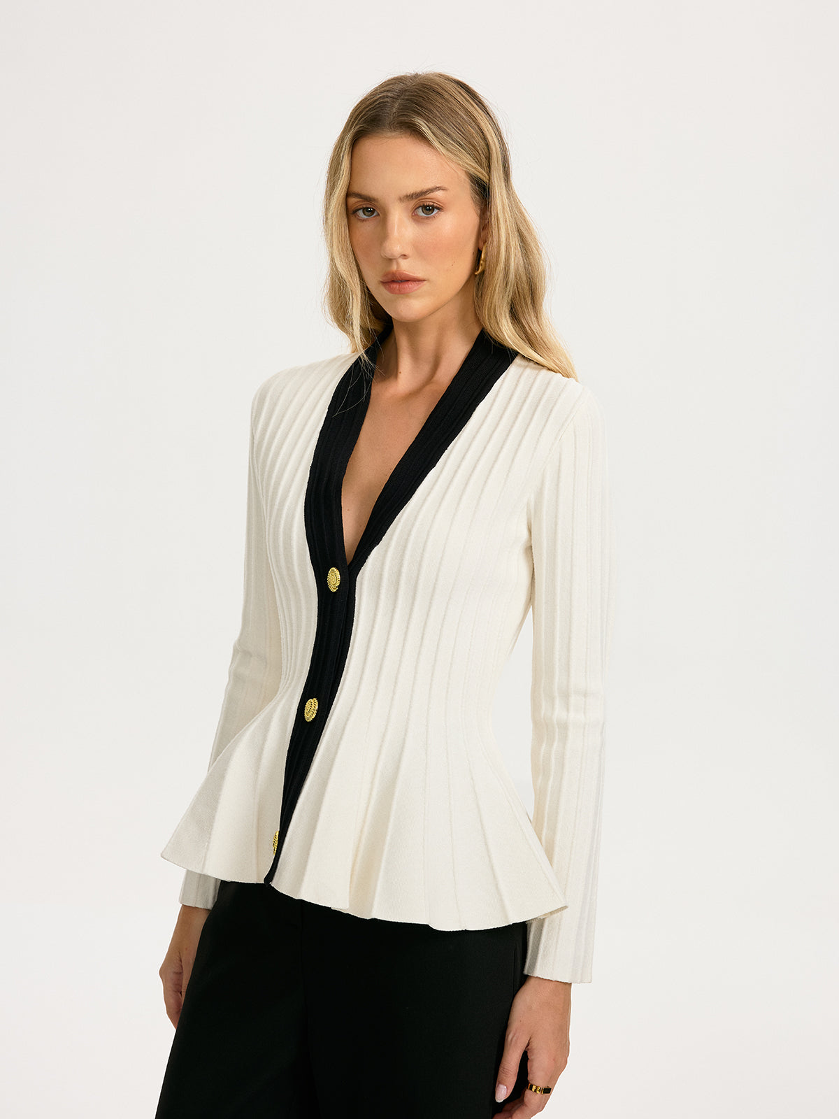 Contrast-Trim Deep V-Neck Peplum Cardigan-Chicvia