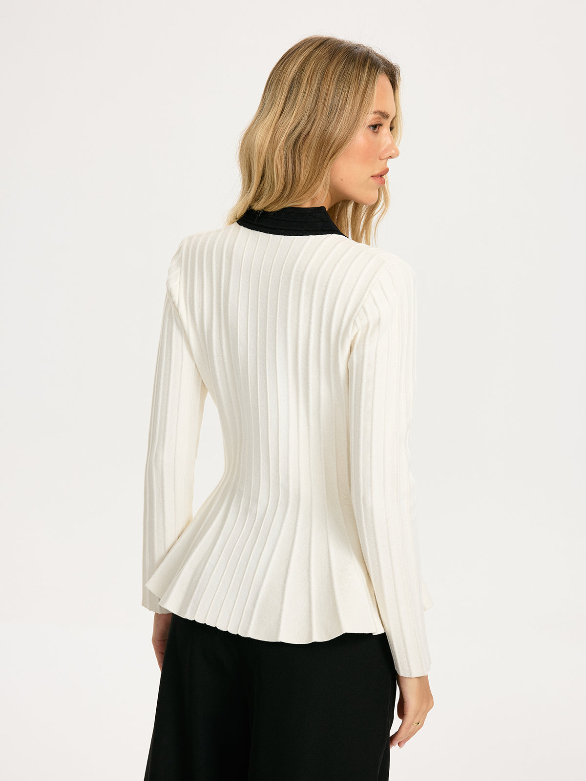 Contrast-Trim Deep V-Neck Peplum Cardigan-Chicvia