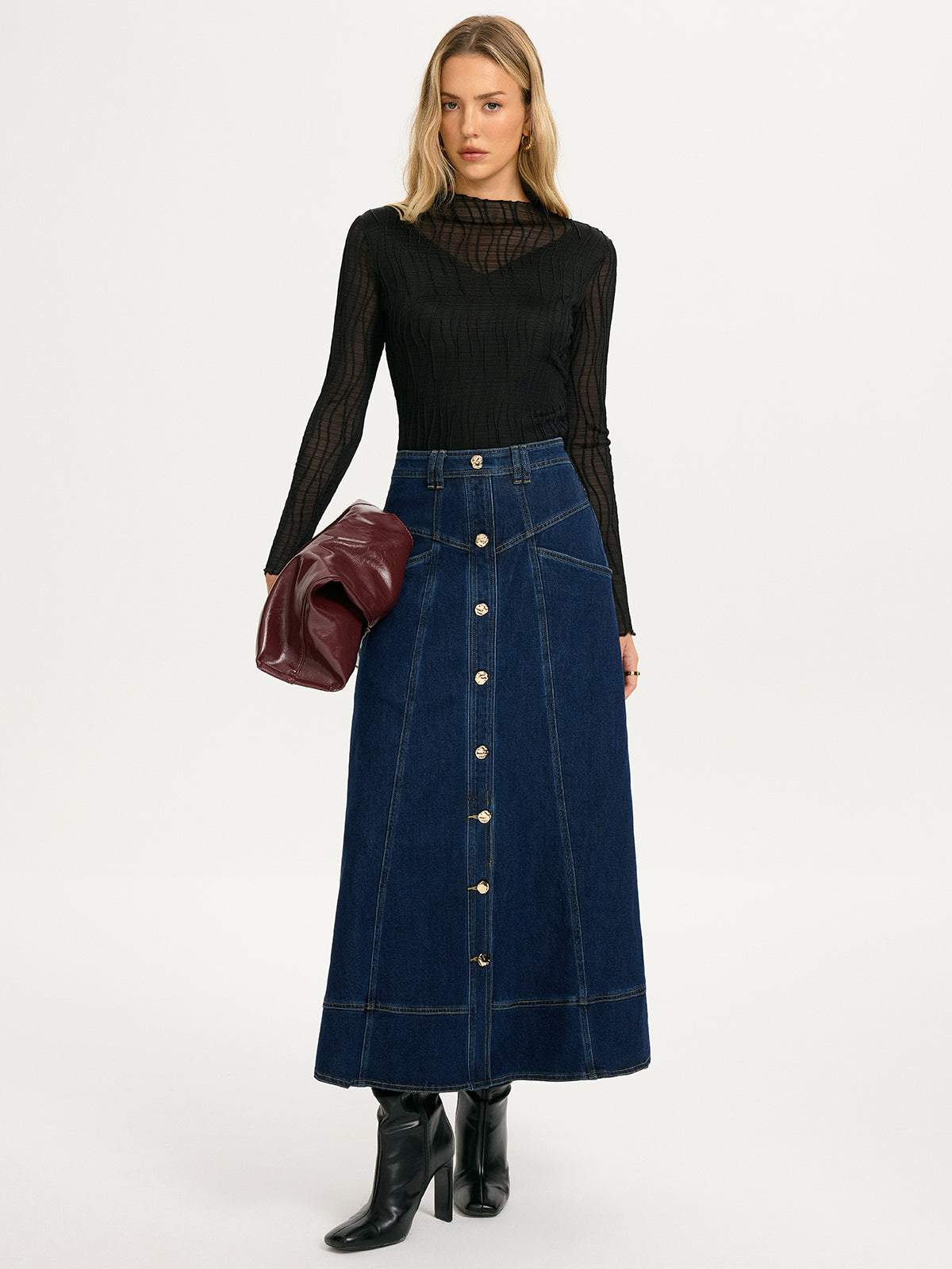 Double-Layer Textured Sheer Long-Sleeve Top-Chicvia