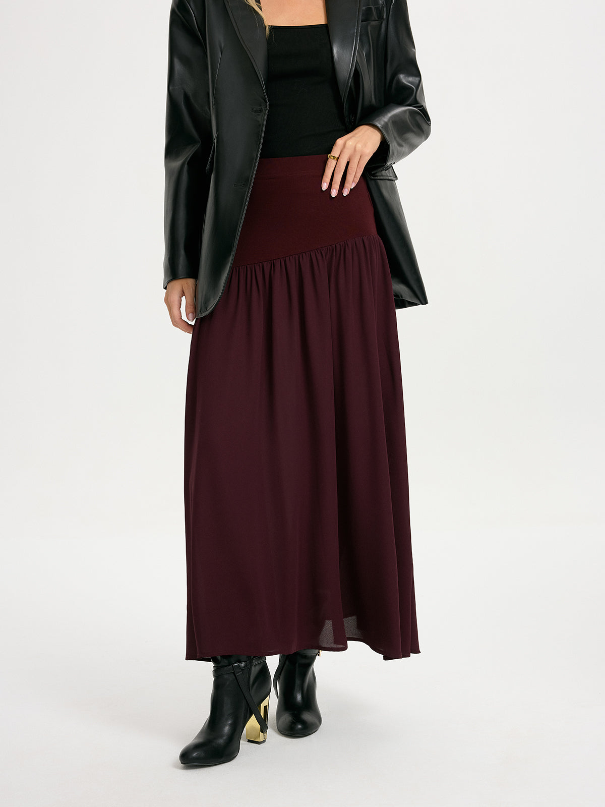 Knit & Chiffon Paneled Flowy Maxi Skirt-Chicvia