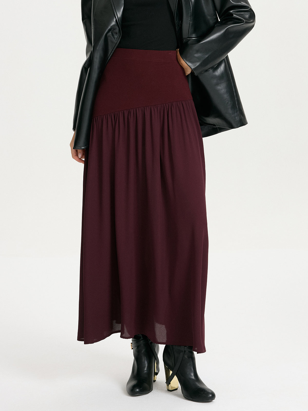 Knit & Chiffon Paneled Flowy Maxi Skirt-Chicvia