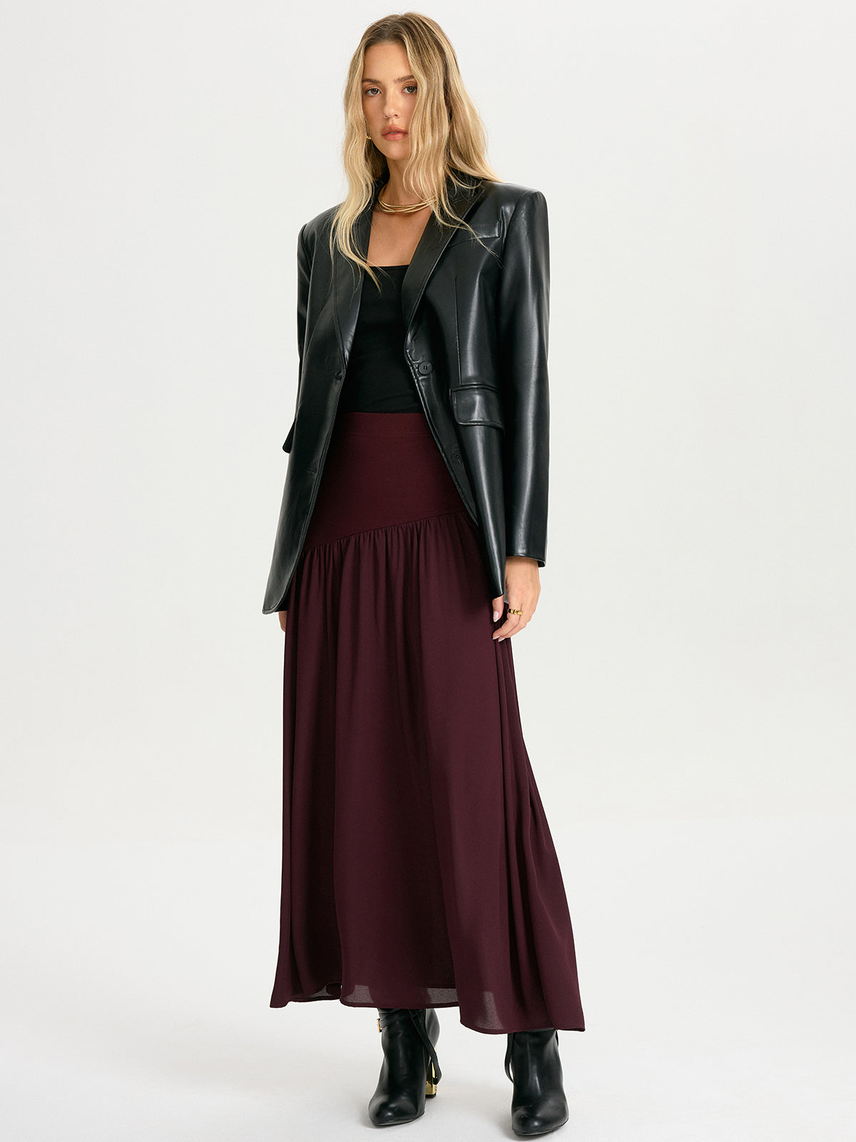Knit & Chiffon Paneled Flowy Maxi Skirt-Chicvia