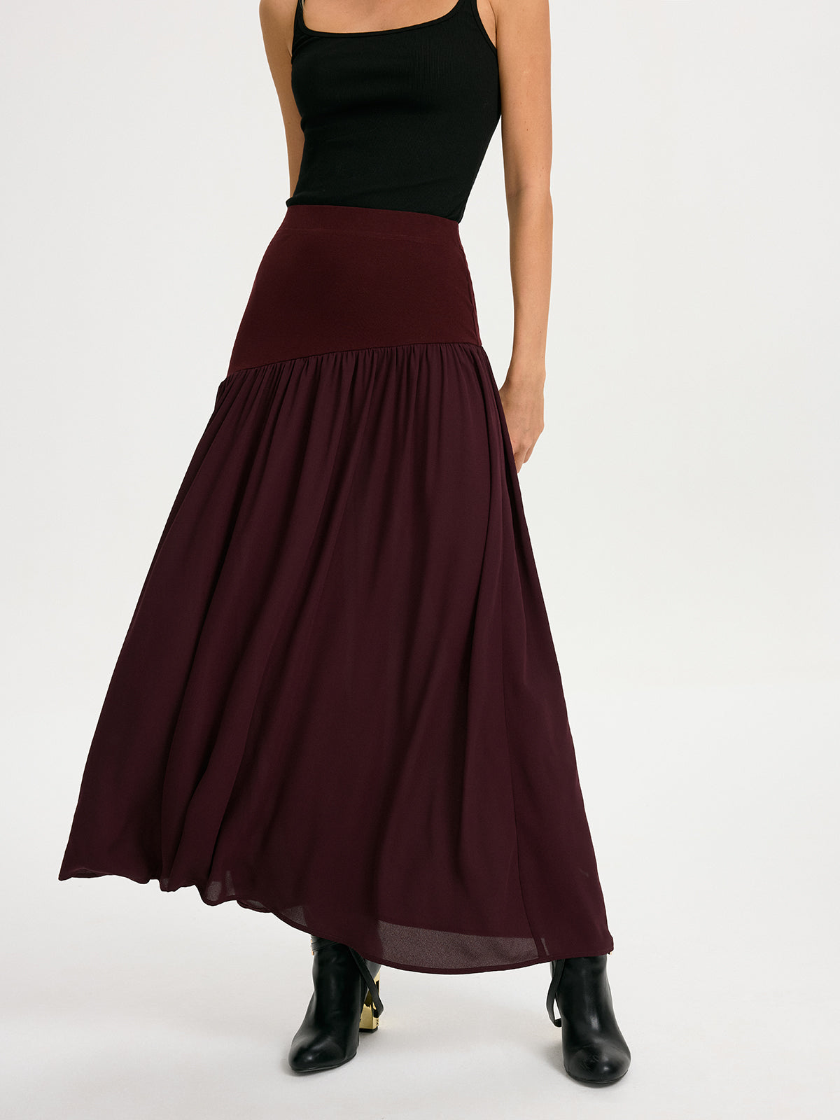 Knit & Chiffon Paneled Flowy Maxi Skirt-Chicvia