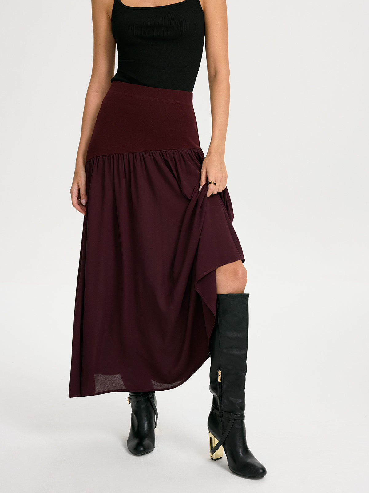 Knit & Chiffon Paneled Flowy Maxi Skirt-Chicvia