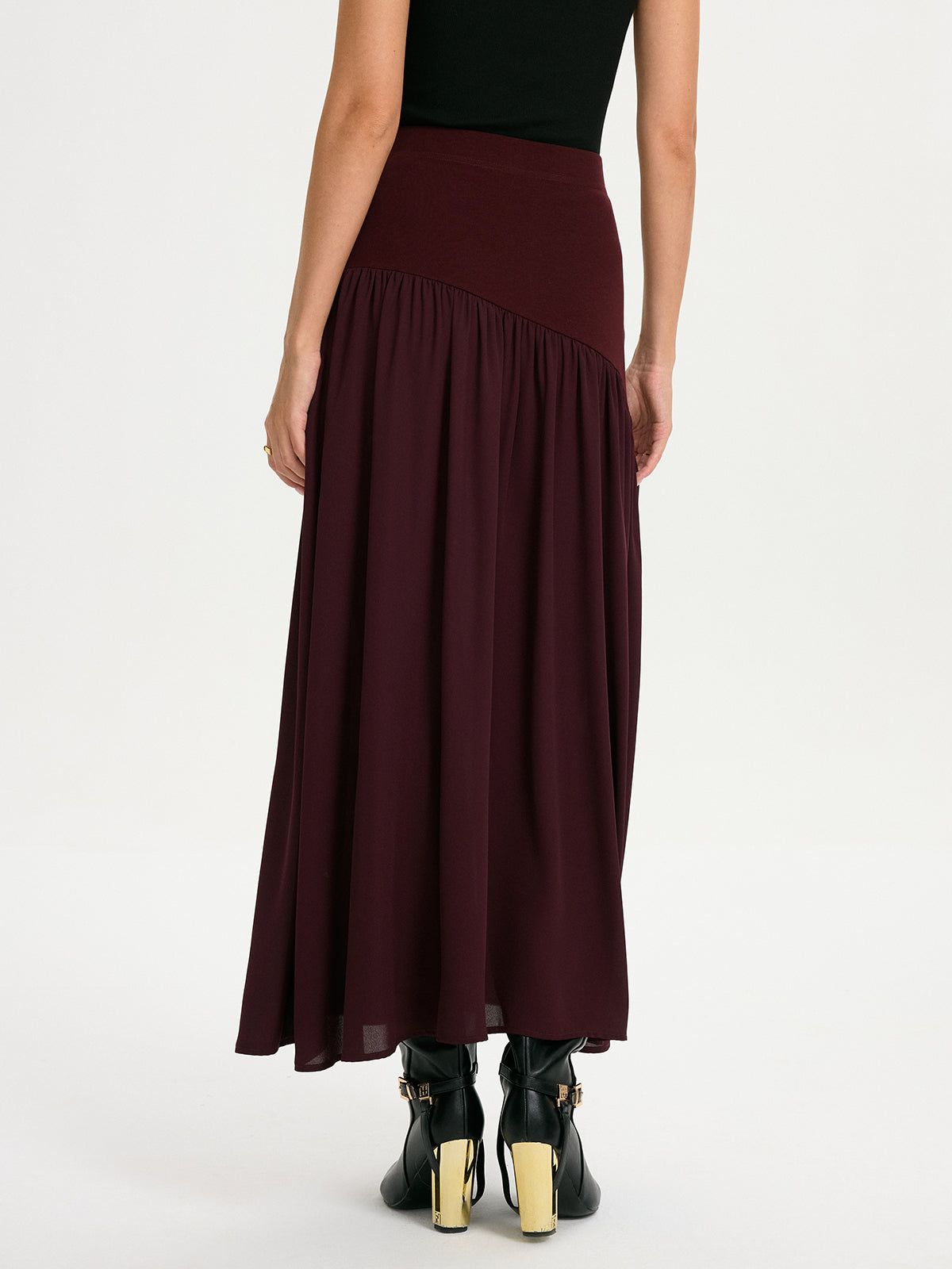 Knit & Chiffon Paneled Flowy Maxi Skirt-Chicvia