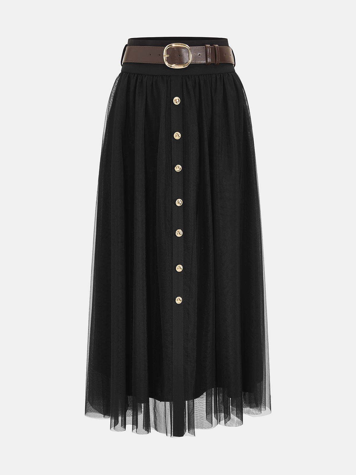 Metal Detail Tiered Mesh Belted Midi Skirt-Chicvia