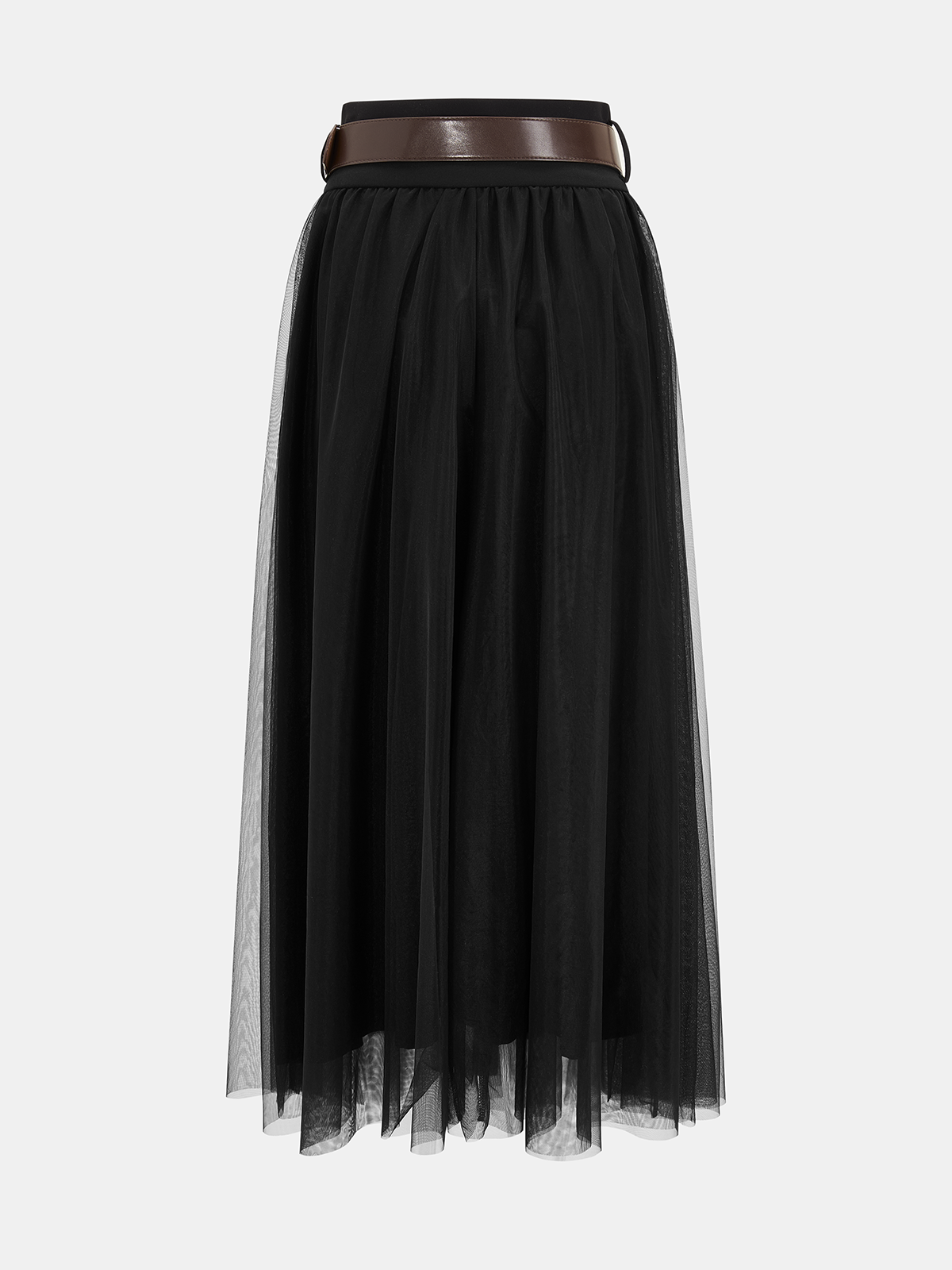 Metal Detail Tiered Mesh Belted Midi Skirt-Chicvia