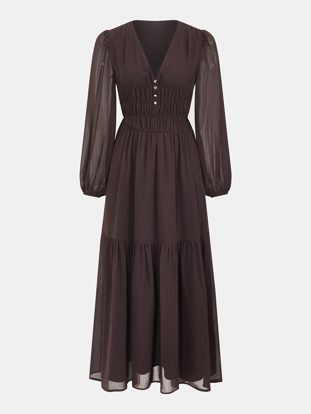 Chiffon V-Neck Puff-Sleeve Maxi Dress-Chicvia