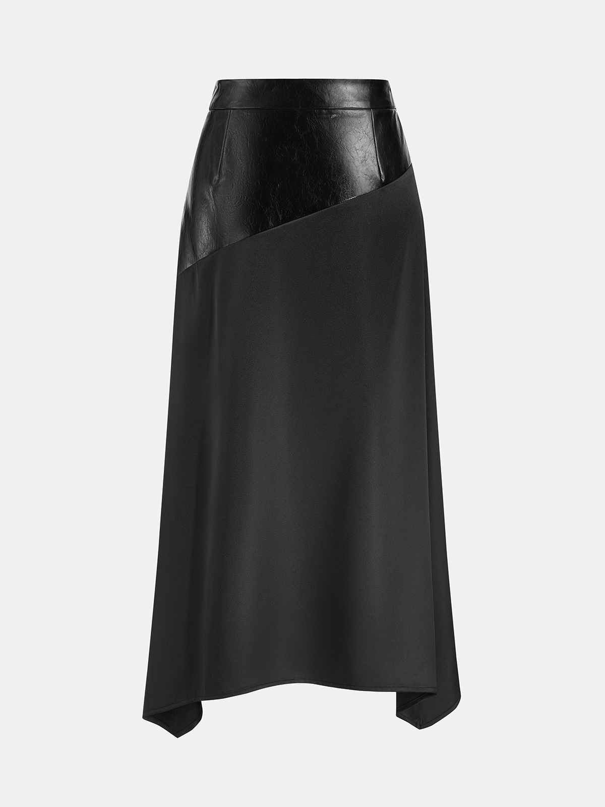Faux Leather Panel Satin Asymmetric Midi Skirt-Chicvia